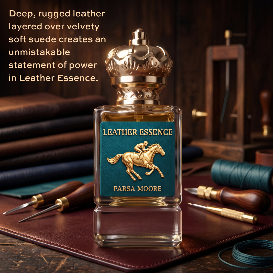 A luxury leather perfume bottle labeled 'LEATHER ESSENCE' by Parsa Moore, styled on a leather pad with leatherworking tools and materials in a dark workshop setting.