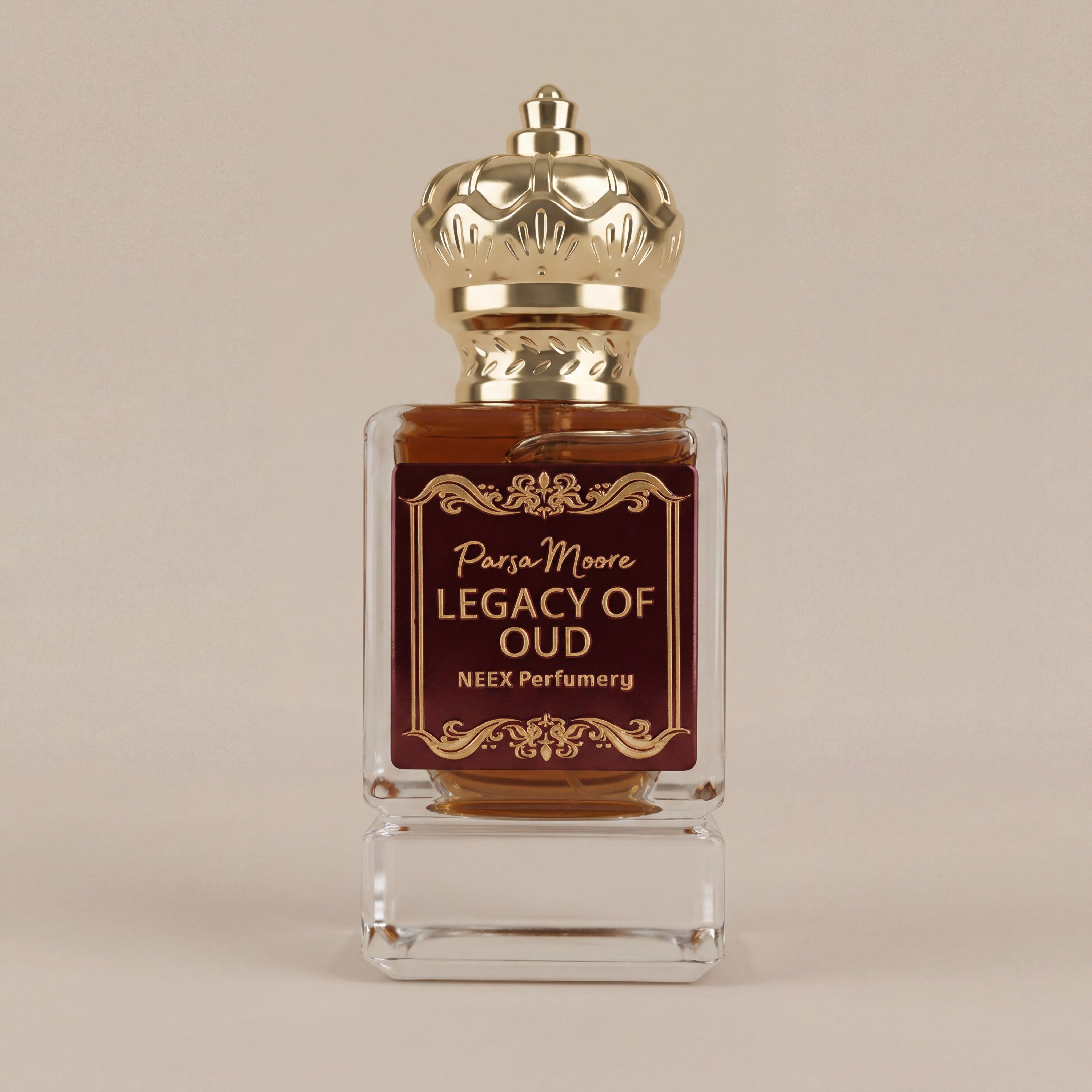 Perfume bottle labeled 'Legacy of Oud' by Parsa Moore on a beige background
