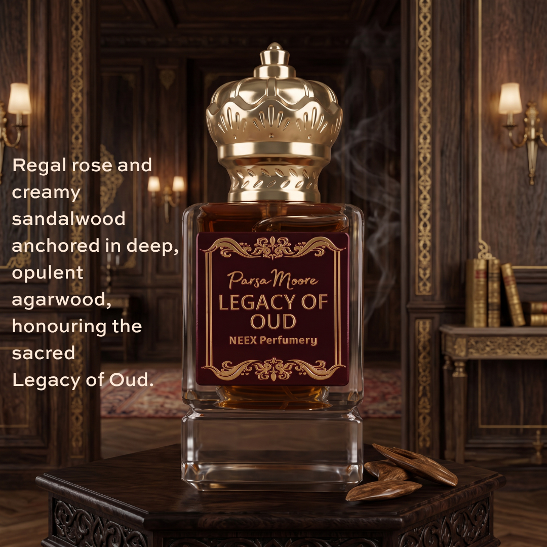 A luxury perfume bottle labeled 'Parsa Moore Legacy of Oud' by NEEX Perfumery, featuring a gold crown cap and amber liquid, set on a dark wooden table in an ornate room with text overlay on the left.