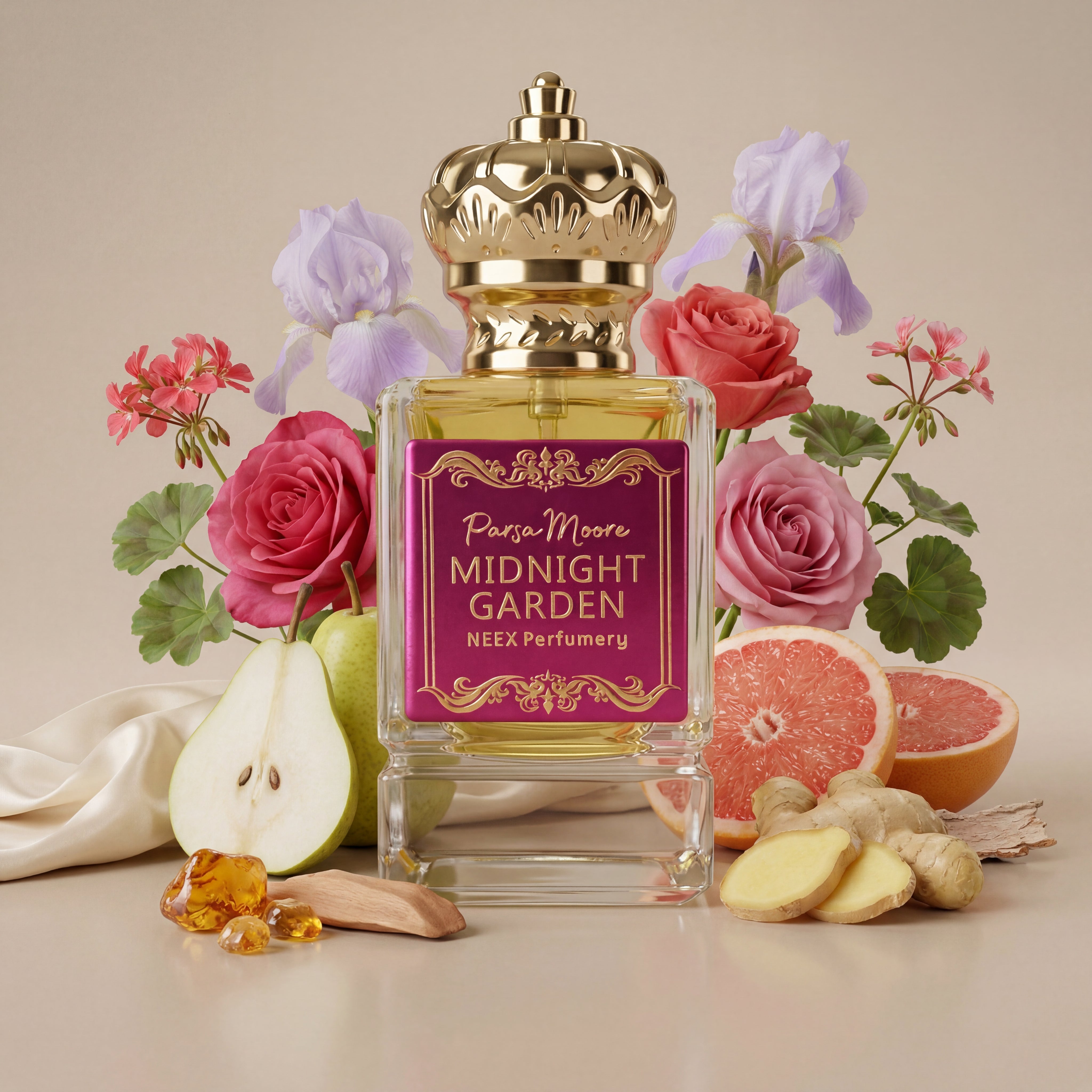 Perfume bottle labeled 'Midnight Garden' by NEEX Perfumery with flowers and fruits on a beige background