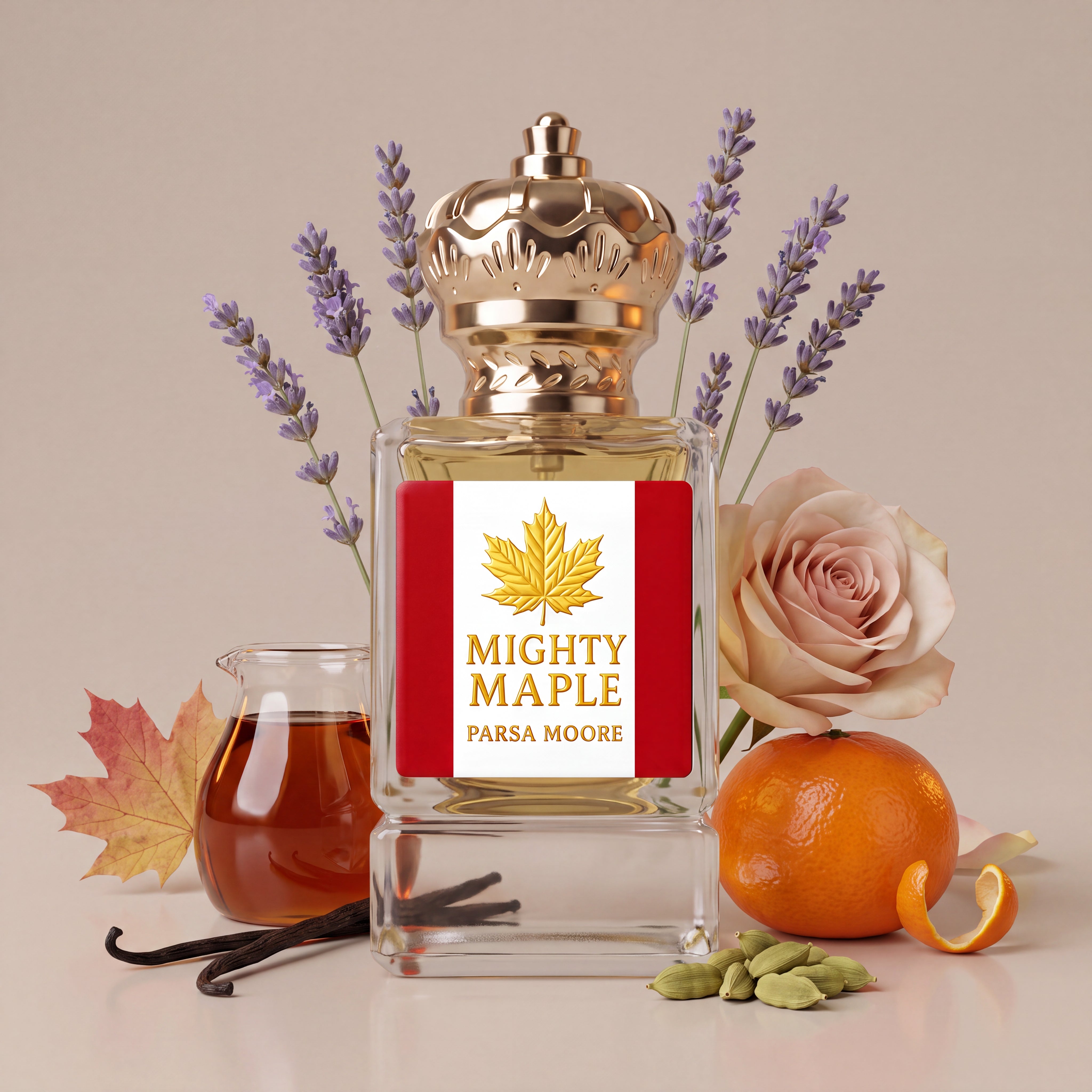 A clear rectangular perfume bottle with a gold crown cap and a red-and-white label reading 'MIGHTY MAPLE' and 'PARSA MOORE,' styled with lavender sprigs, a pale rose, an orange, vanilla beans, cardamom pods, and a small glass of amber liquid on a beige background.