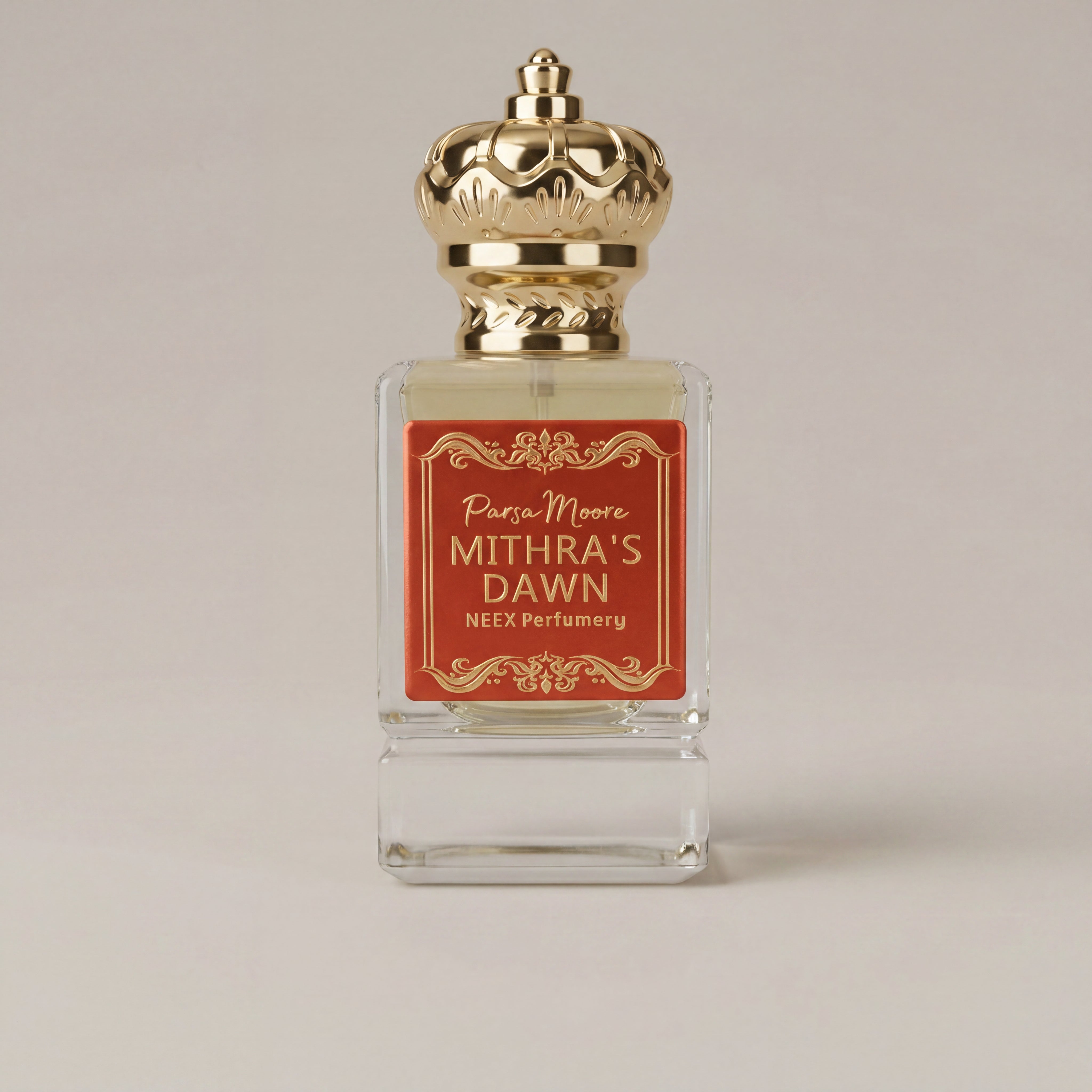 Perfume bottle labeled 'Mithra's Dawn' with a gold cap on a beige background