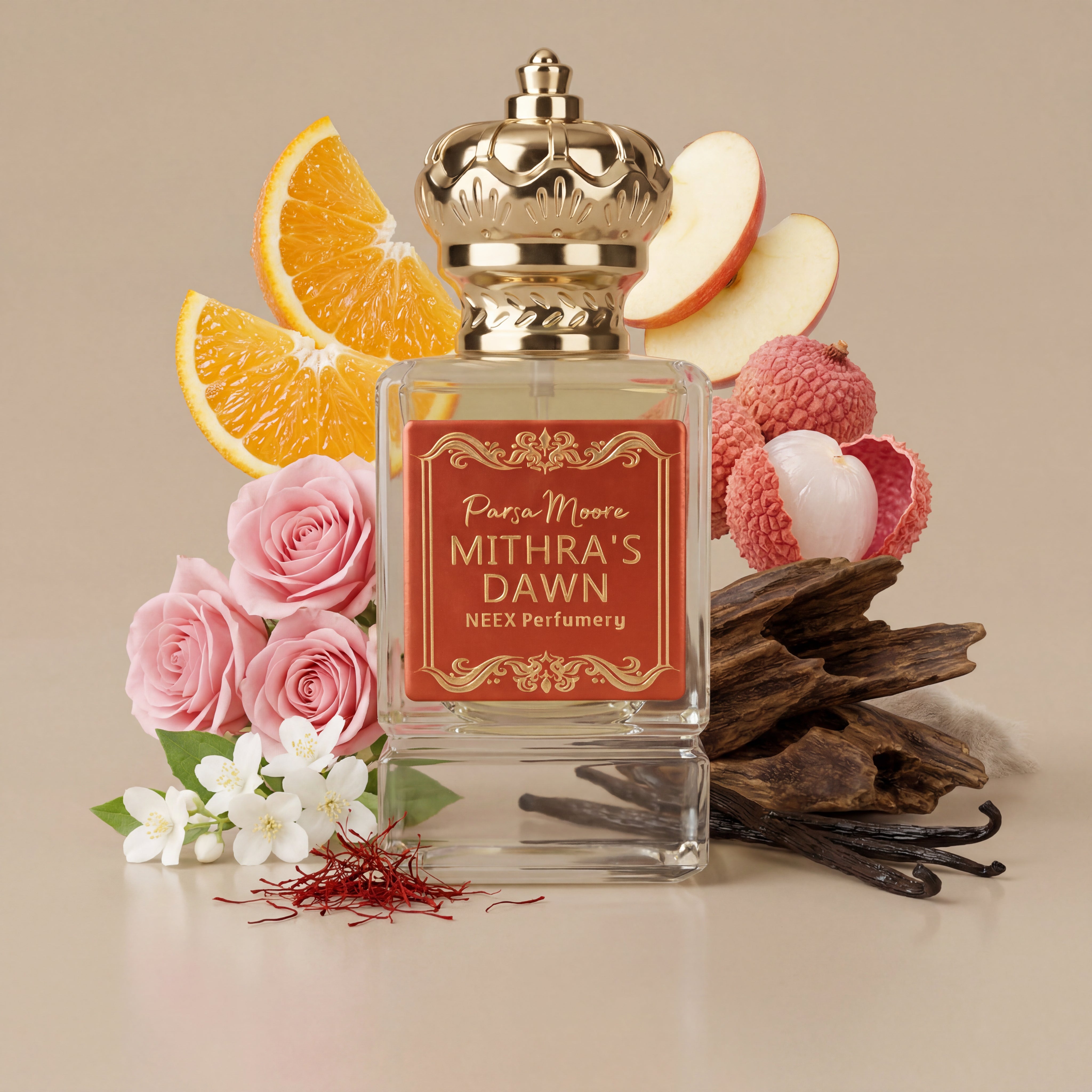 Perfume bottle labeled 'Mithra's Dawn' surrounded by fruits, flowers, and spices on a beige background
