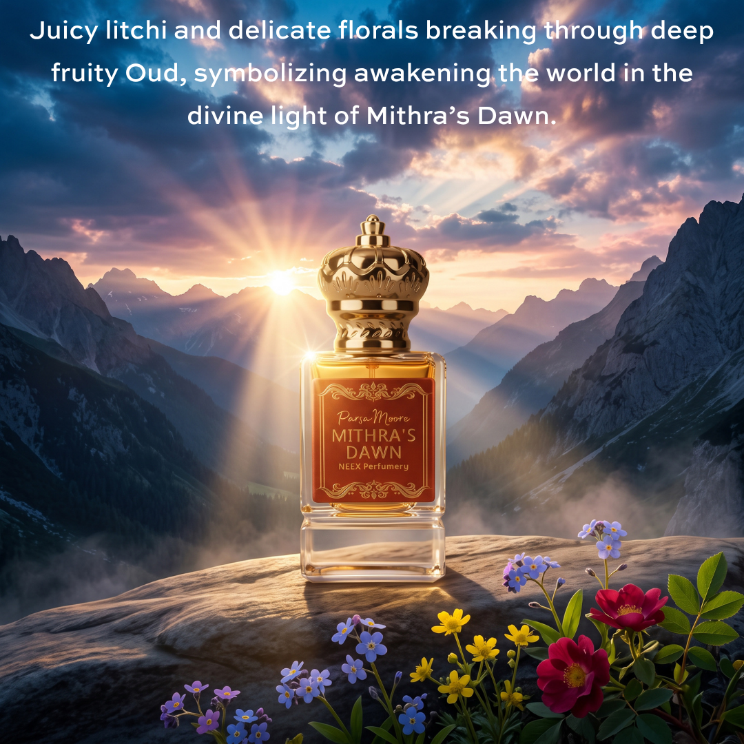 A perfume bottle labeled 'Parsa Moore Mithra's Dawn' stands on a rock in a mountain landscape at sunrise, with flowers in the foreground and descriptive text at the top.