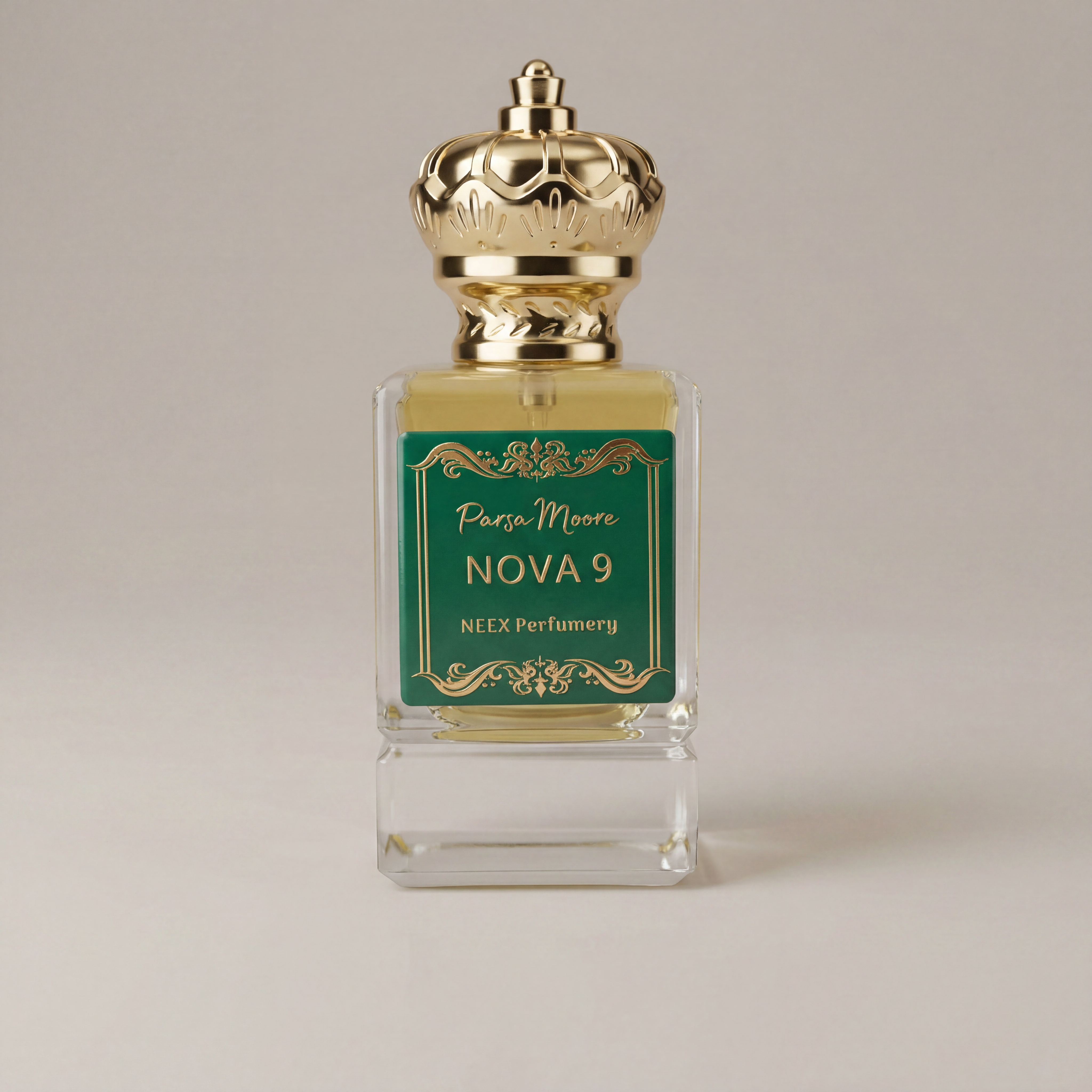 Perfume bottle with gold cap and green label on a beige background