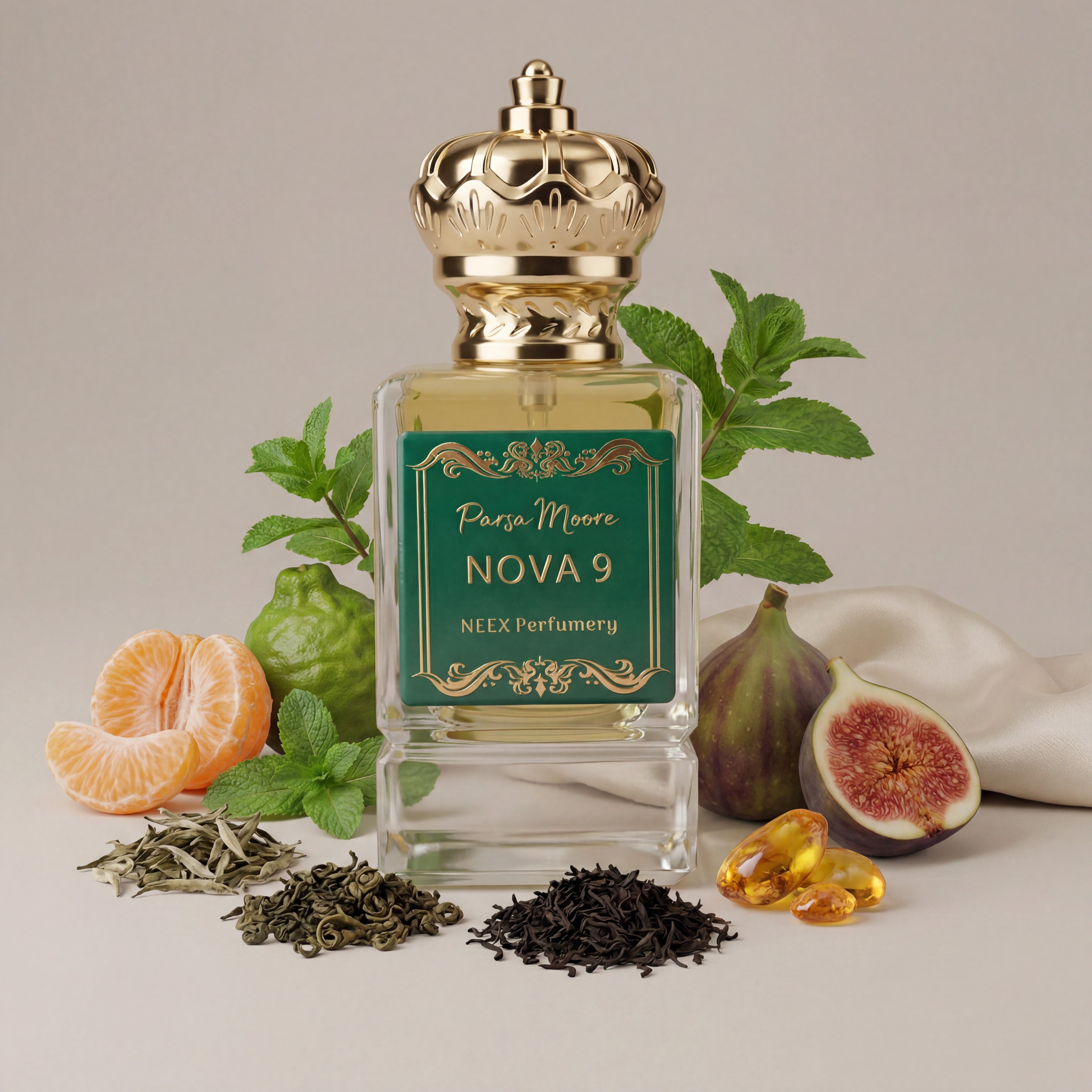 Perfume bottle labeled 'Nova 9' by NEEX Perfumery with fruits and herbs on a neutral background
