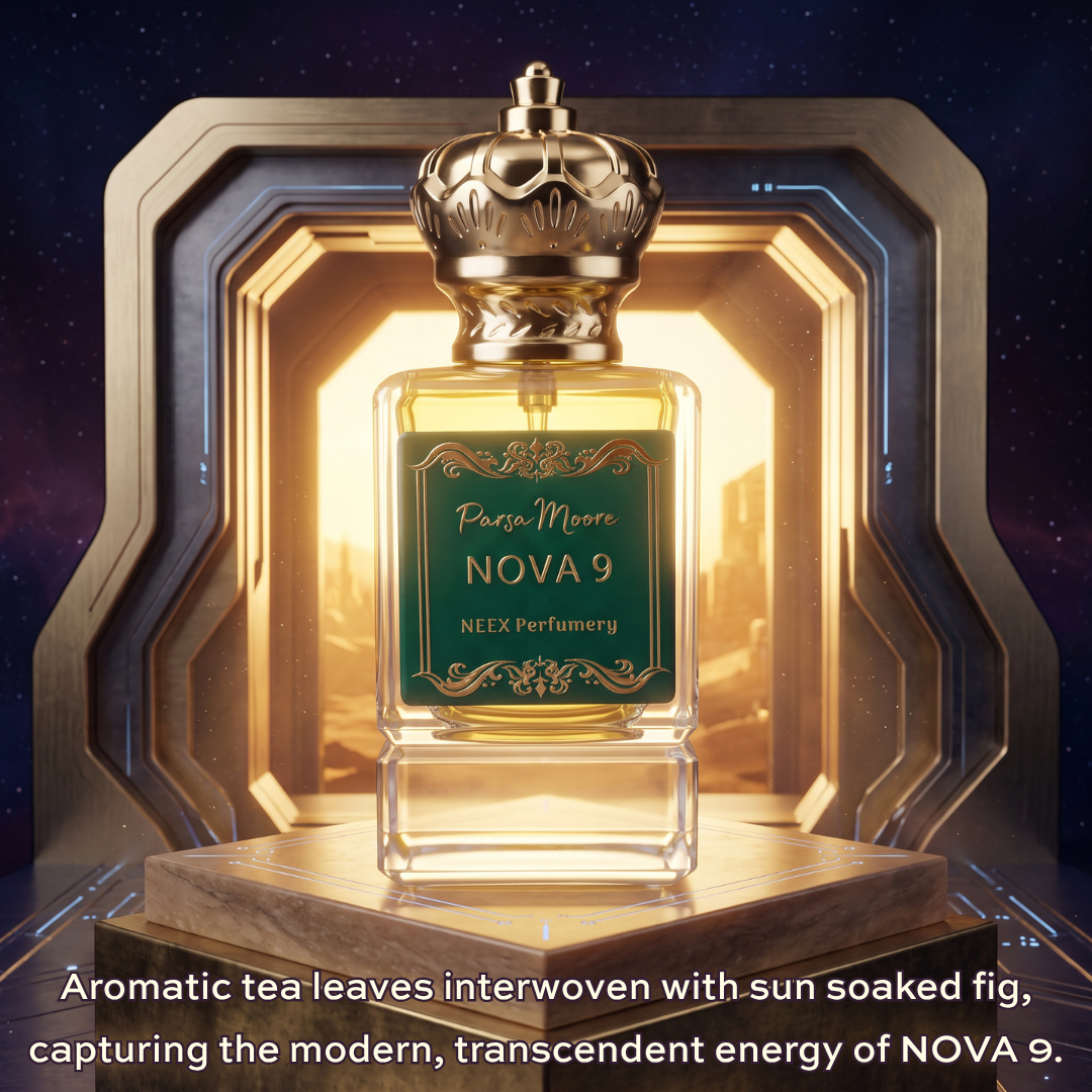 A perfume bottle labeled 'Parsa More NOVA 9' by NEEX Perfumery, featuring a gold crown cap and a green label, set against a glowing futuristic metallic frame with a dark starry background. Text at the bottom describes the scent notes of aromatic tea leaves and sun-soaked fig.