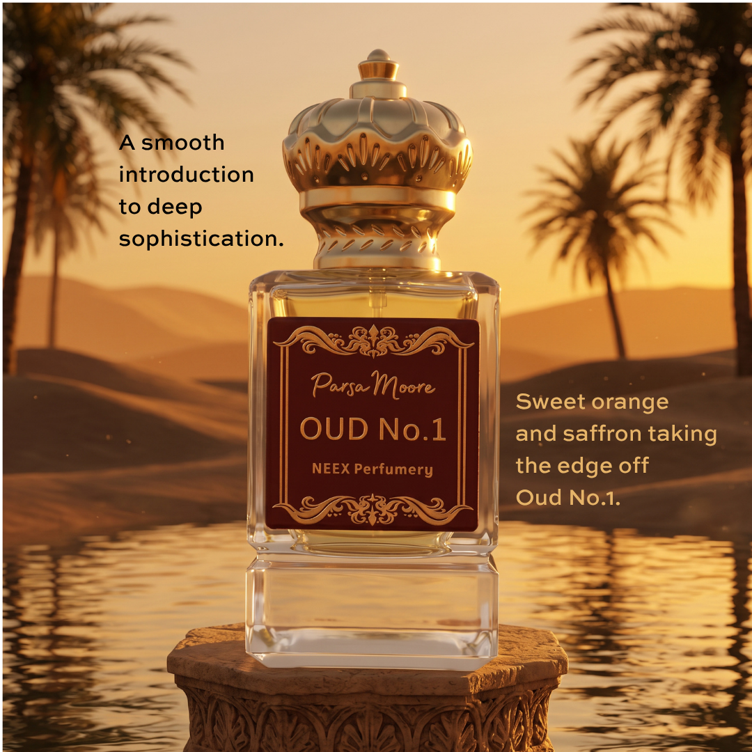 A perfume bottle labeled 'Parsa Moore OUD No.1' stands on a stone pedestal in front of a warm desert sunset with palm trees and water.