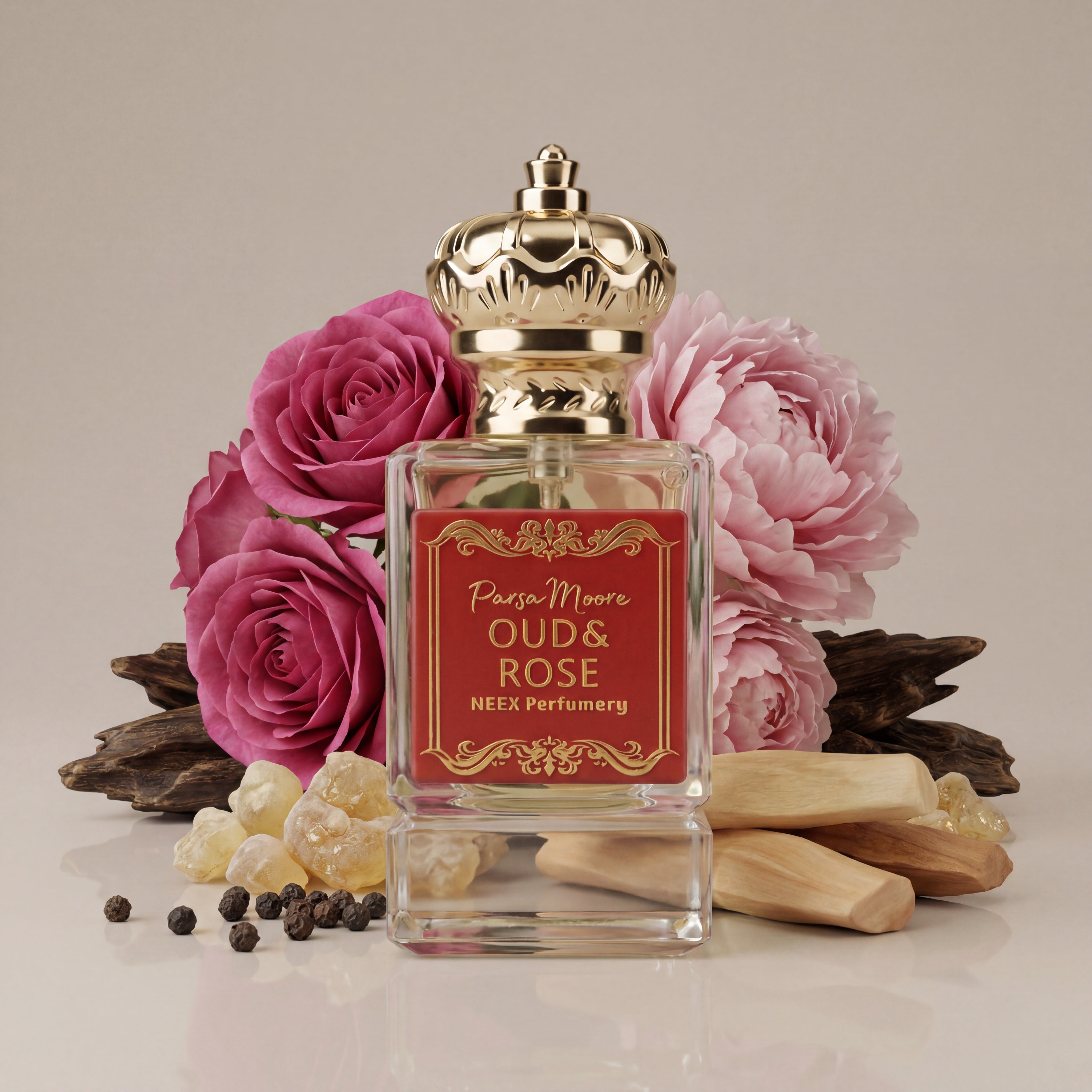 Perfume bottle labeled 'Oud & Rose' by NEEX Perfumery with pink roses and allspice berries on a neutral background