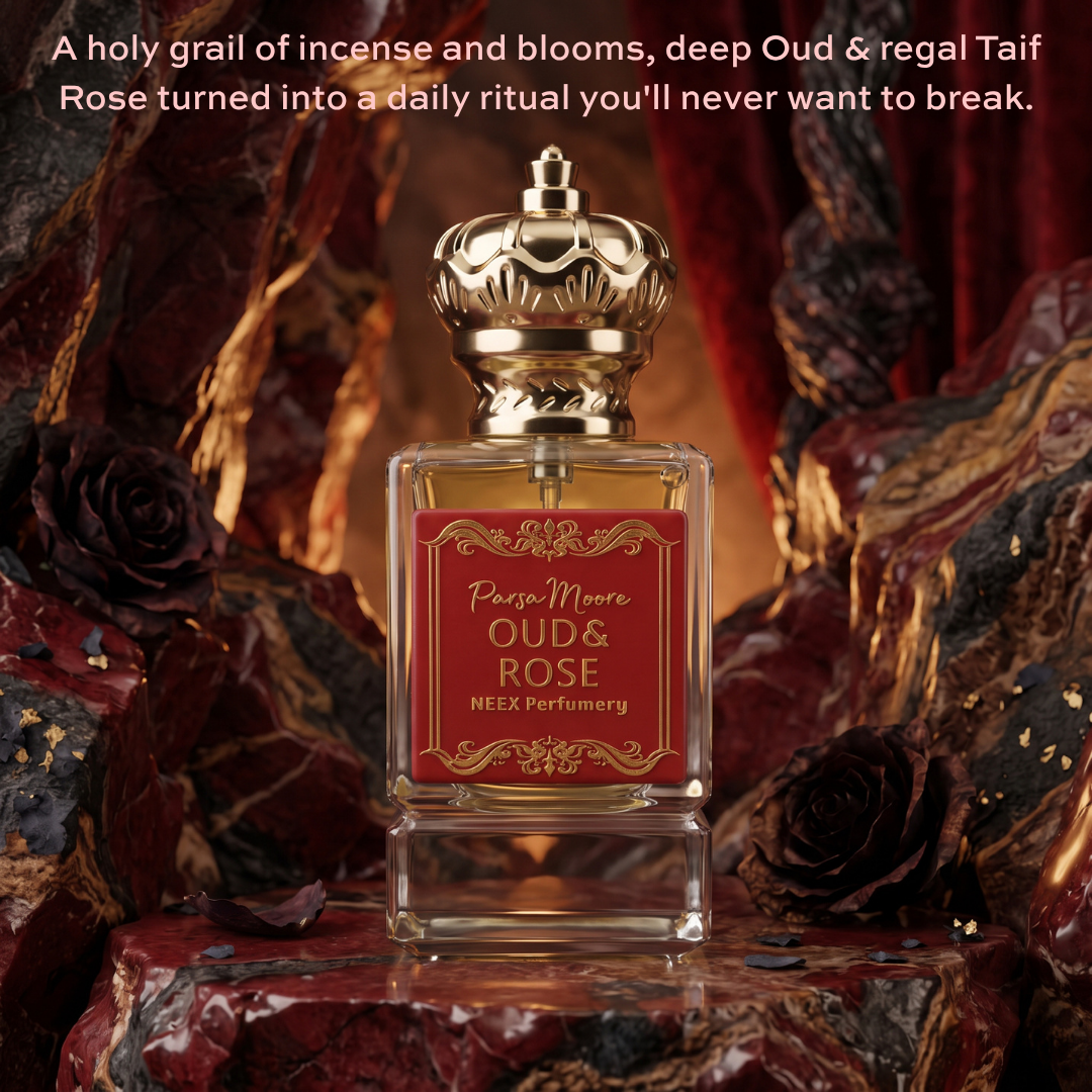 A rectangular glass perfume bottle with a gold crown cap, filled with amber liquid, and featuring a red label that reads 'Parsa Moore OUD & ROSE' and 'NEEX Perfumery.' The bottle is centered against a dark, luxurious background of red drapery, dried roses, and marbled stone, with promotional text at the top.