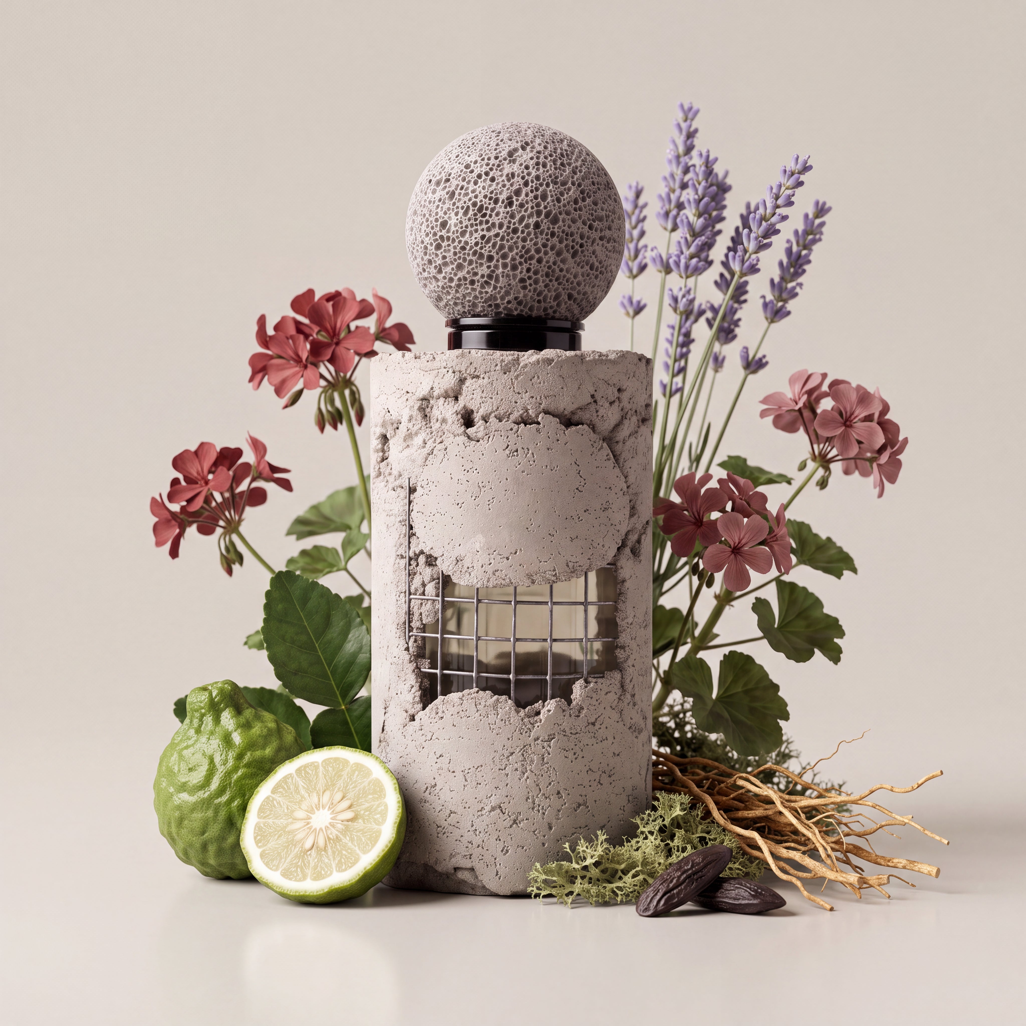 A textured concrete pillar candle with a spherical stone top, styled with flowers, a lime, and dried botanicals on a neutral beige background.