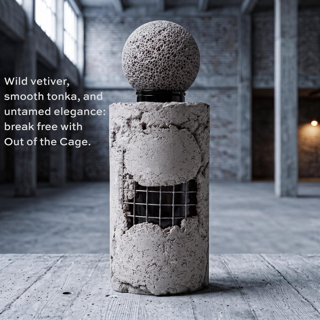 A sculptural concrete and stone object stands on a wooden floor in a large industrial interior. The product has a rough spherical top, a cylindrical base with a cracked concrete finish, and a wire grid section on the front.