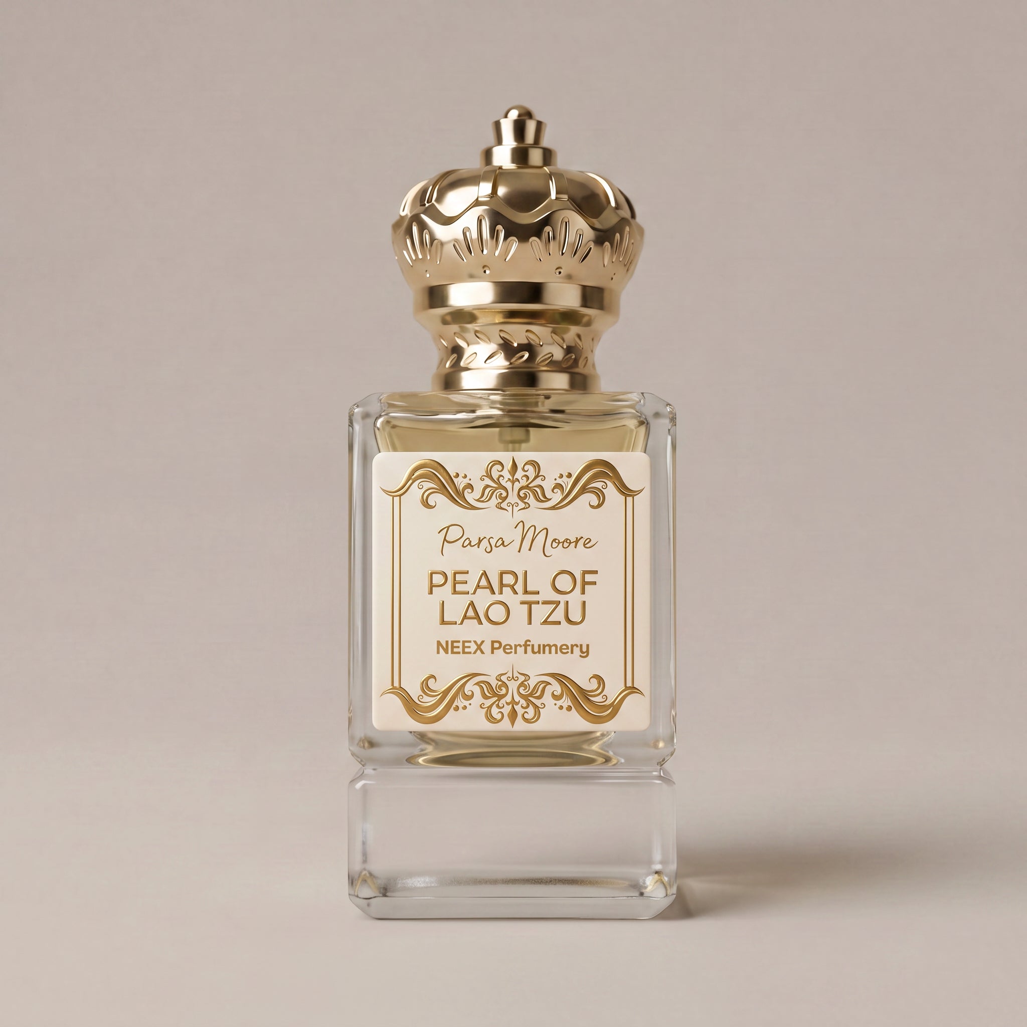 A clear glass perfume bottle with a gold crown-shaped cap and a cream label featuring gold lettering that reads 'Parsa Moore PEARL OF LAO TZU' and 'NEEX Perfumery', set against a solid warm beige background.
