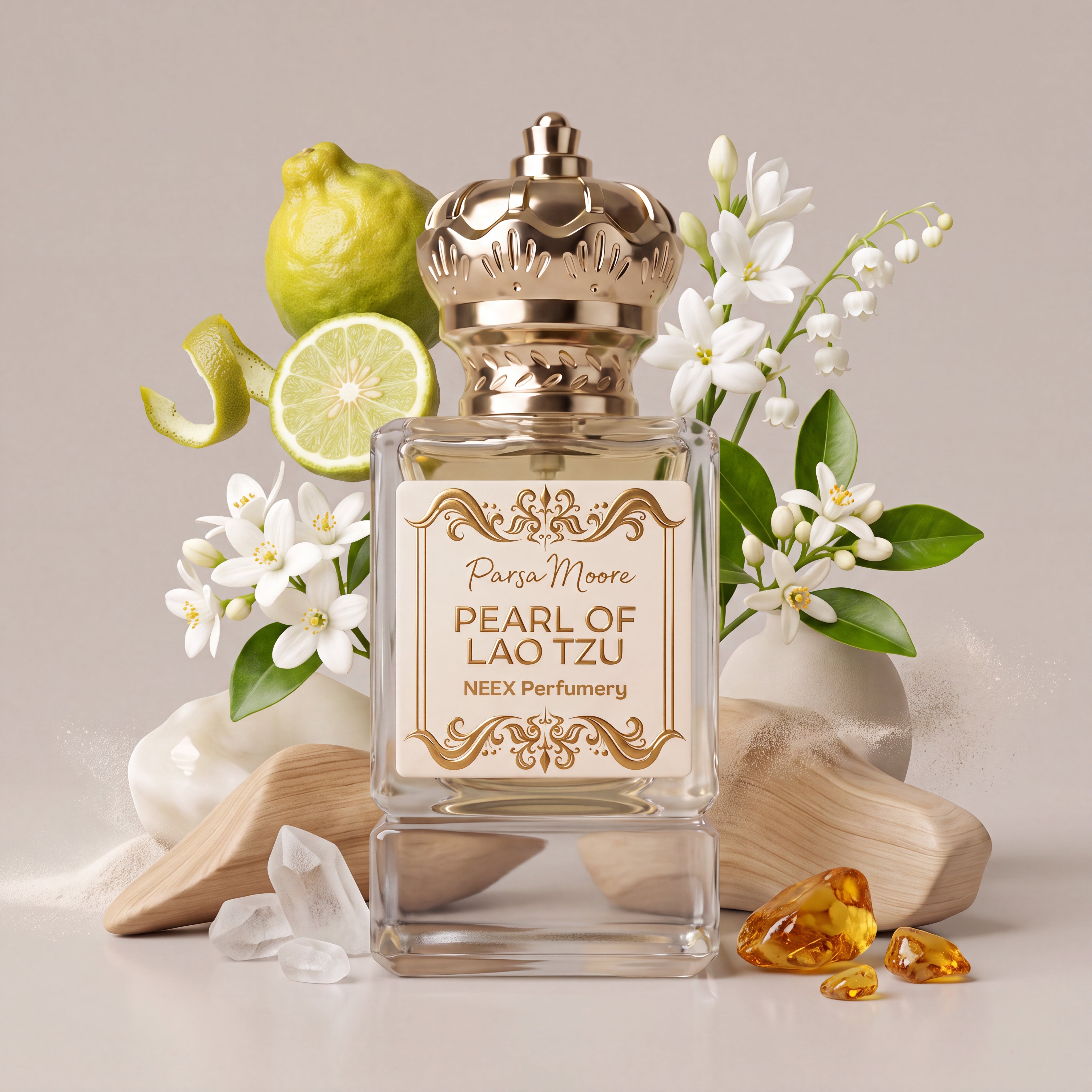 A perfume bottle labeled 'Pearl of Lao Tzu' by NEEX Perfumery, styled with white flowers, green citrus, and wooden props on a neutral beige background.