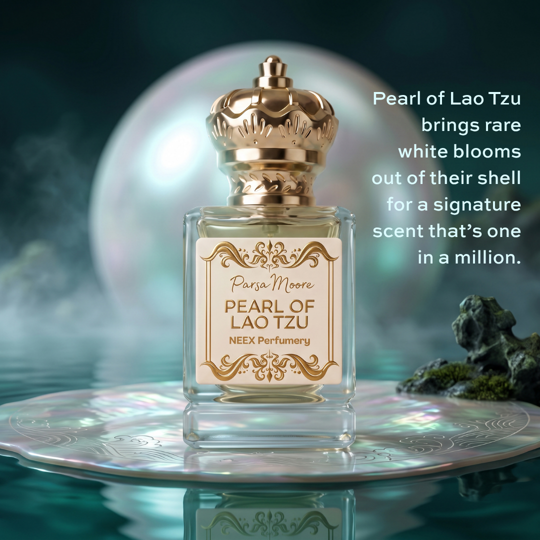 A clear glass perfume bottle with a gold crown cap and a cream label reading 'Parxa Moore Pearl of Lao Tzu' and 'NEEX Perfumery,' set on a reflective tray with a glowing orb and decorative rocks in the background. Text on the right describes the fragrance.