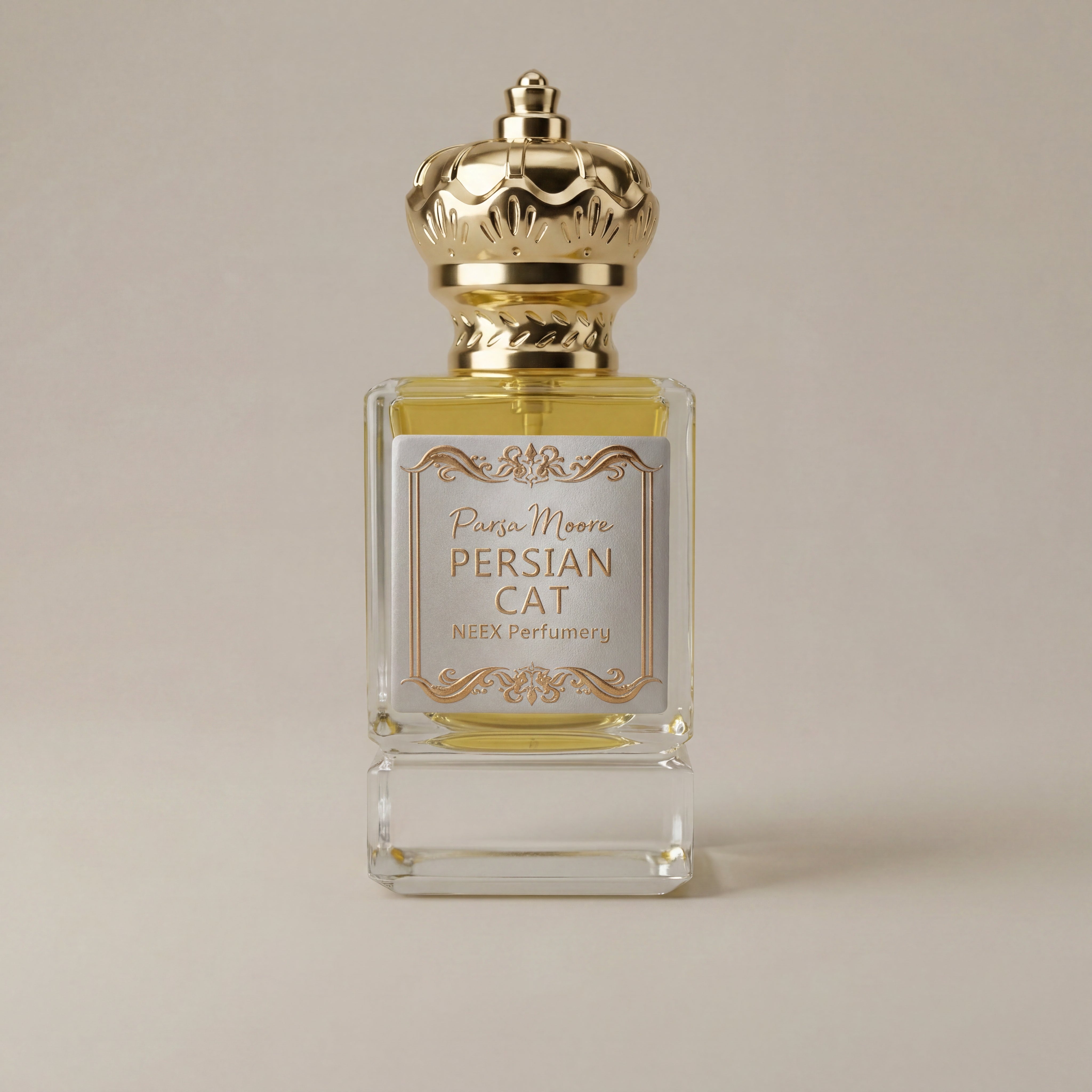 Perfume bottle labeled 'Persian Cat' by NEEX Perfumery on a beige background