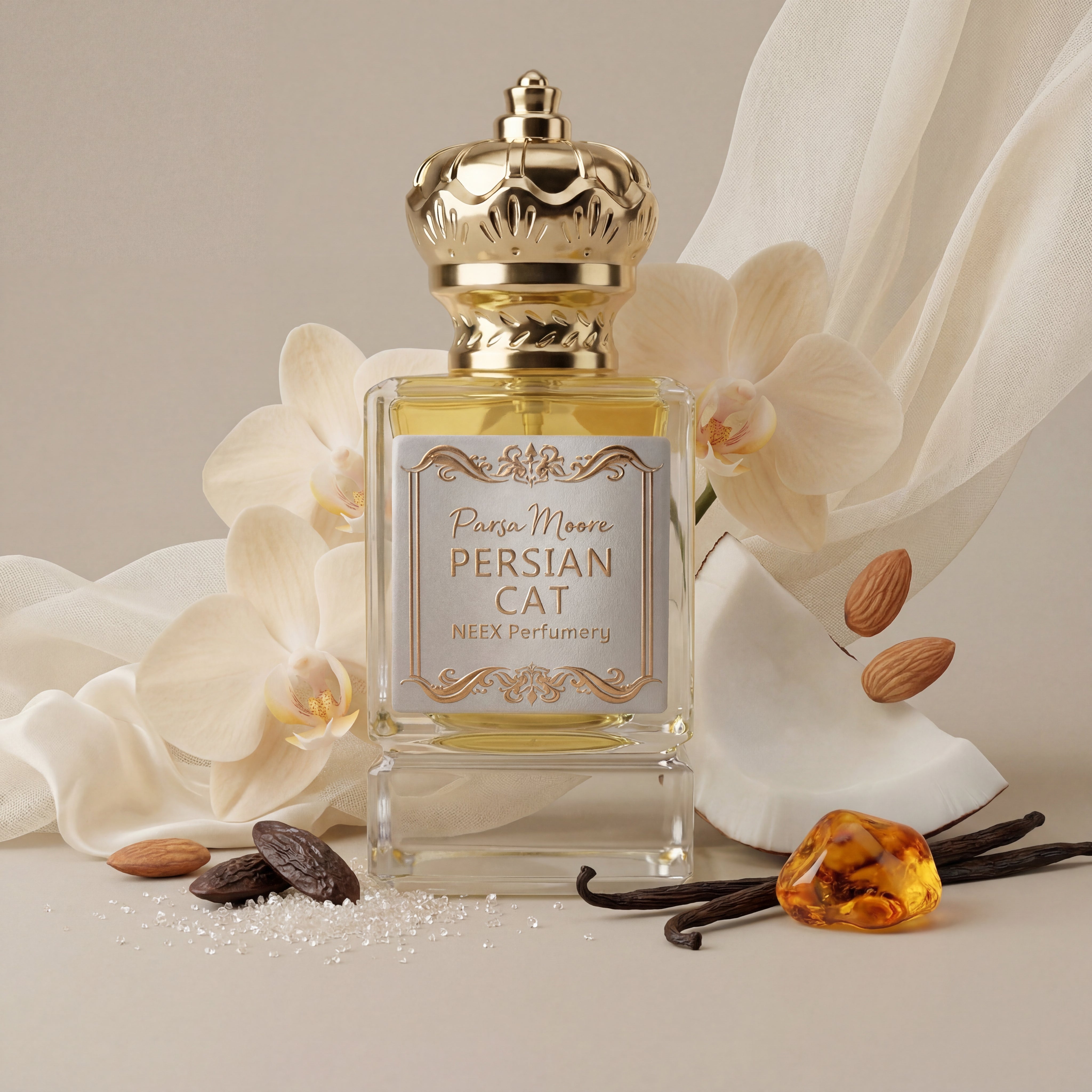 Perfume bottle labeled 'Persian Cat' by Parsa Moore with flowers and vanilla beans on a beige background