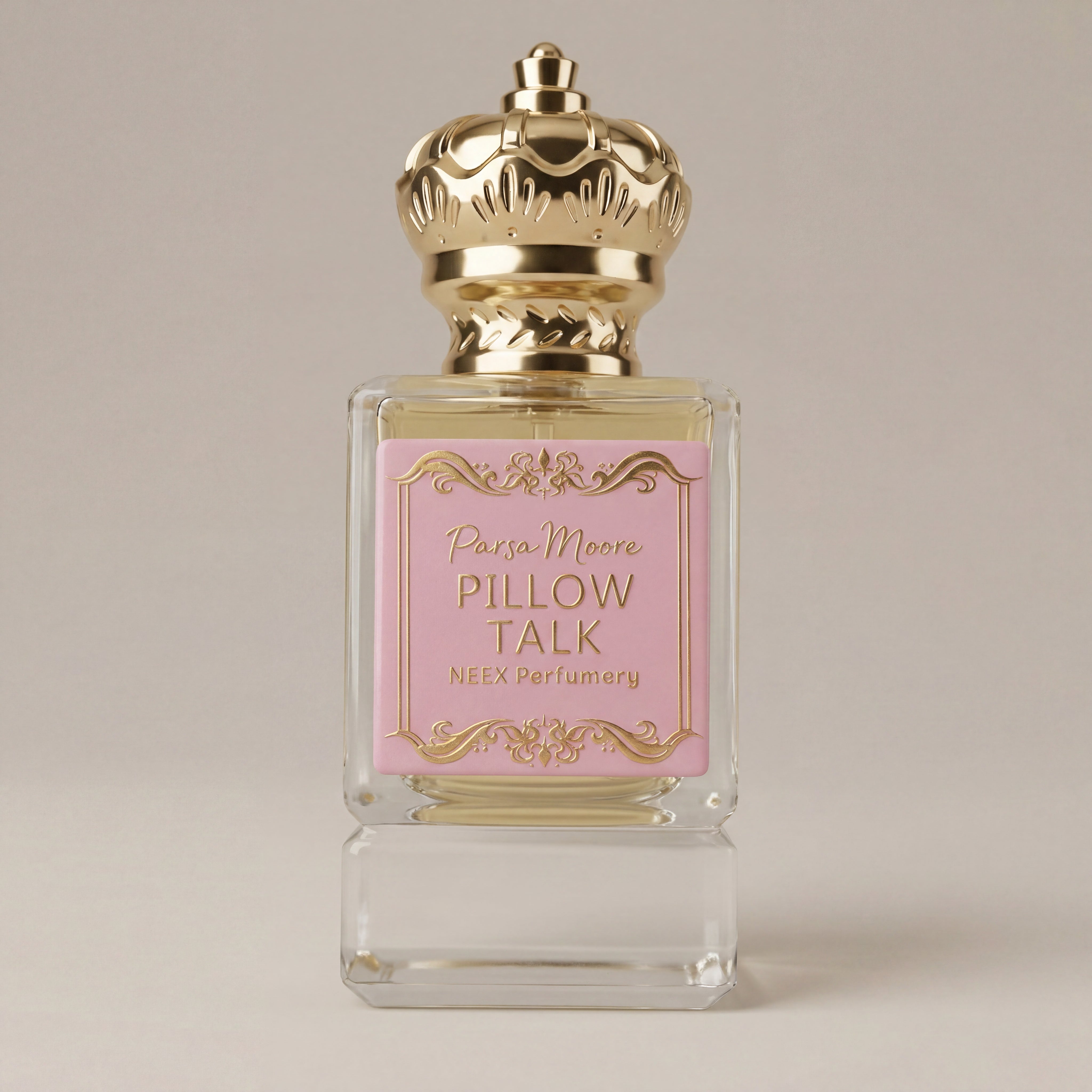 Perfume bottle labeled 'Pillow Talk' by Parsa Moore on a beige background