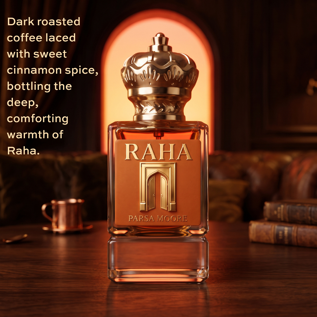 A bottle of Parsa Moore 'Raha' dark roasted coffee with a metallic gold cap and gold lettering, set on a wooden table in a warm, dimly lit room with a coffee cup and books in the background. Text on the left describes the coffee's flavor profile.