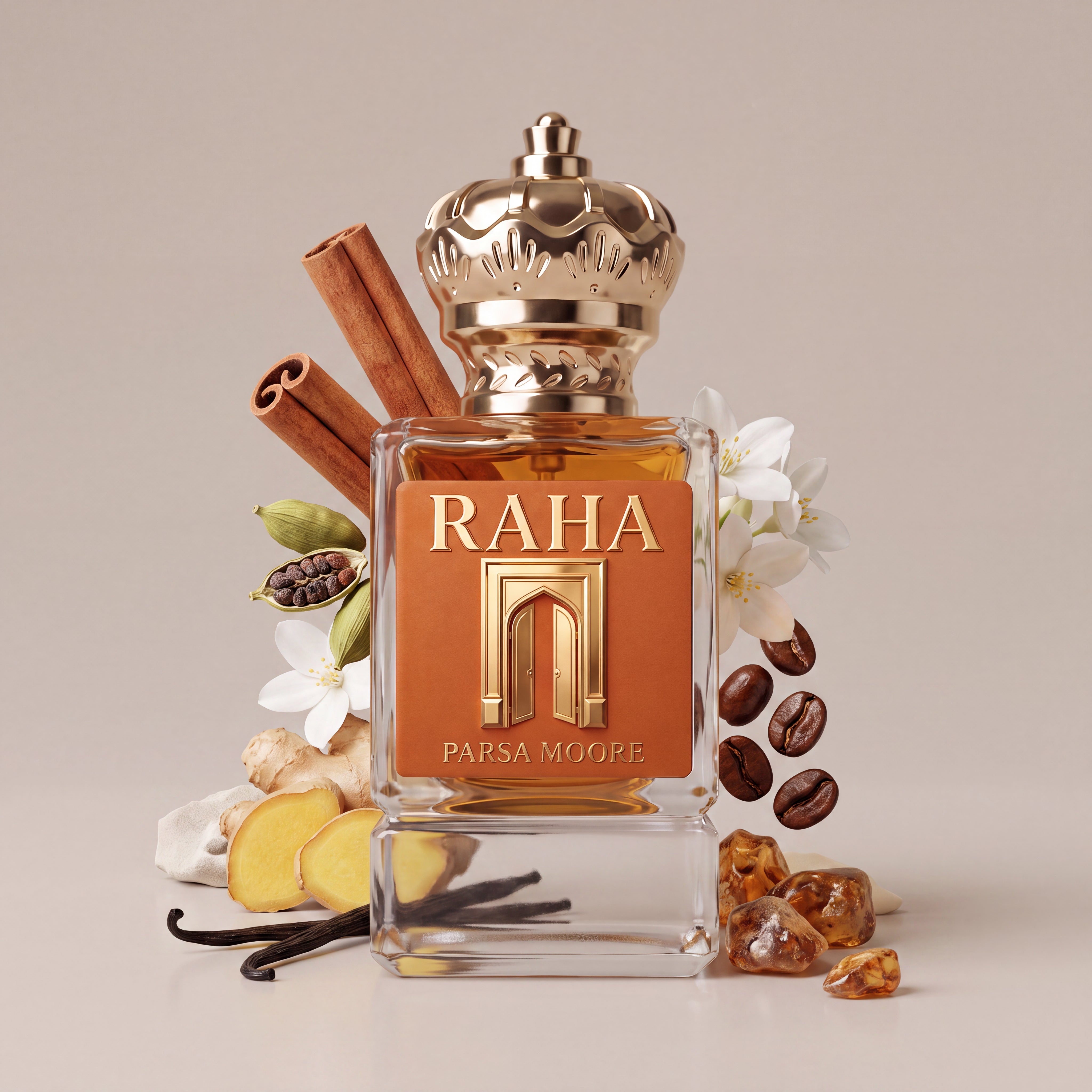 A clear rectangular perfume bottle with amber liquid and a gold crown cap, labeled RAHA and PARSA MOORE, styled with cinnamon sticks, vanilla beans, white flowers, coffee beans, and amber cubes on a warm beige background.