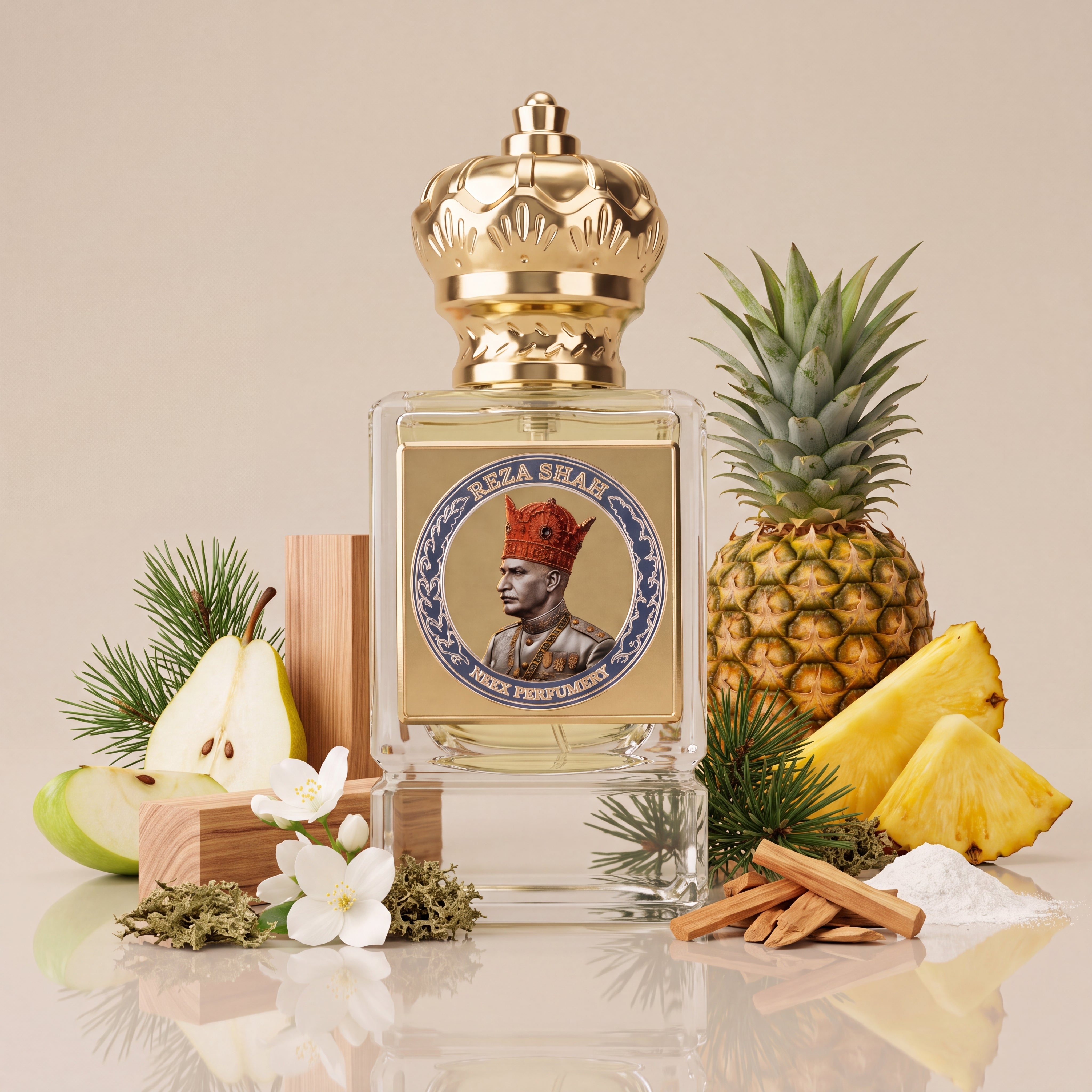 A rectangular glass perfume bottle with a shiny gold cap and a gold front label, surrounded by pineapple, pear, pine branches, white flowers, cinnamon sticks, and a small pile of white powder on a beige studio background. The label text reads 'Reza Shah' and 'NEEX Perfumery'.