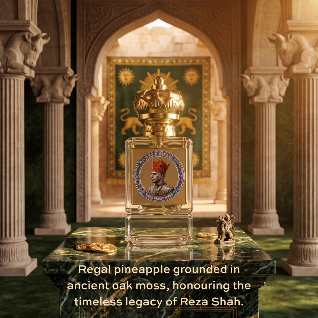 A clear glass perfume bottle with a prominent gold crown cap and a circular blue-and-white label featuring Reza Shah, displayed on a green marble pedestal in an ornate ancient stone hall. Text at the bottom reads, 'Regal pineapple grounded in ancient oak moss, honouring the timeless legacy of Reza Shah.