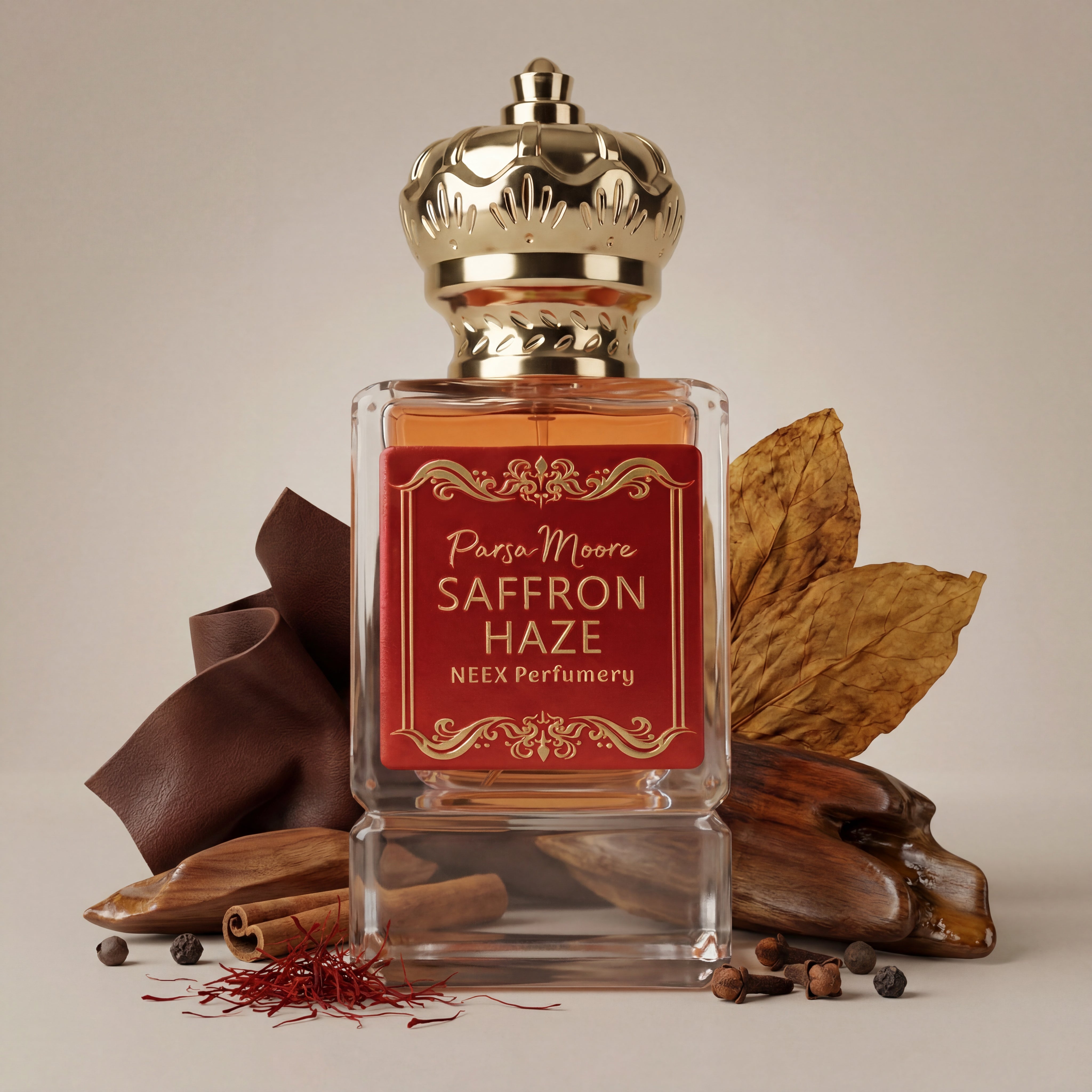 A perfume bottle labeled 'Parsa Moore Saffron Haze' by NEEX Perfumery, styled with cinnamon sticks, saffron threads, dried leaves, and spices on a neutral background.