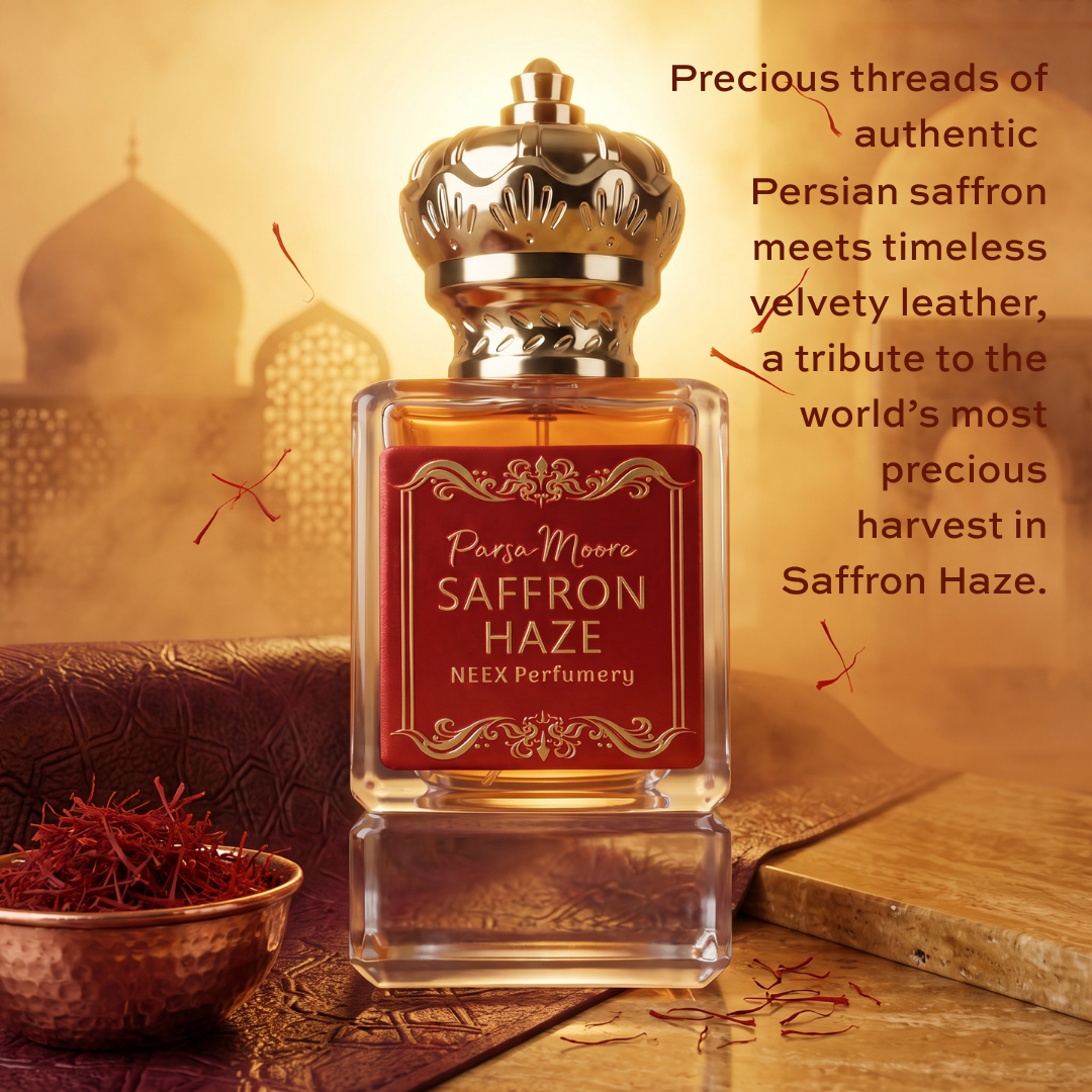 A perfume bottle labeled 'Parsa Moore Saffron Haze' by NEEX Perfumery, styled with saffron threads and a copper bowl against a warm, atmospheric background with domed buildings and decorative text.
