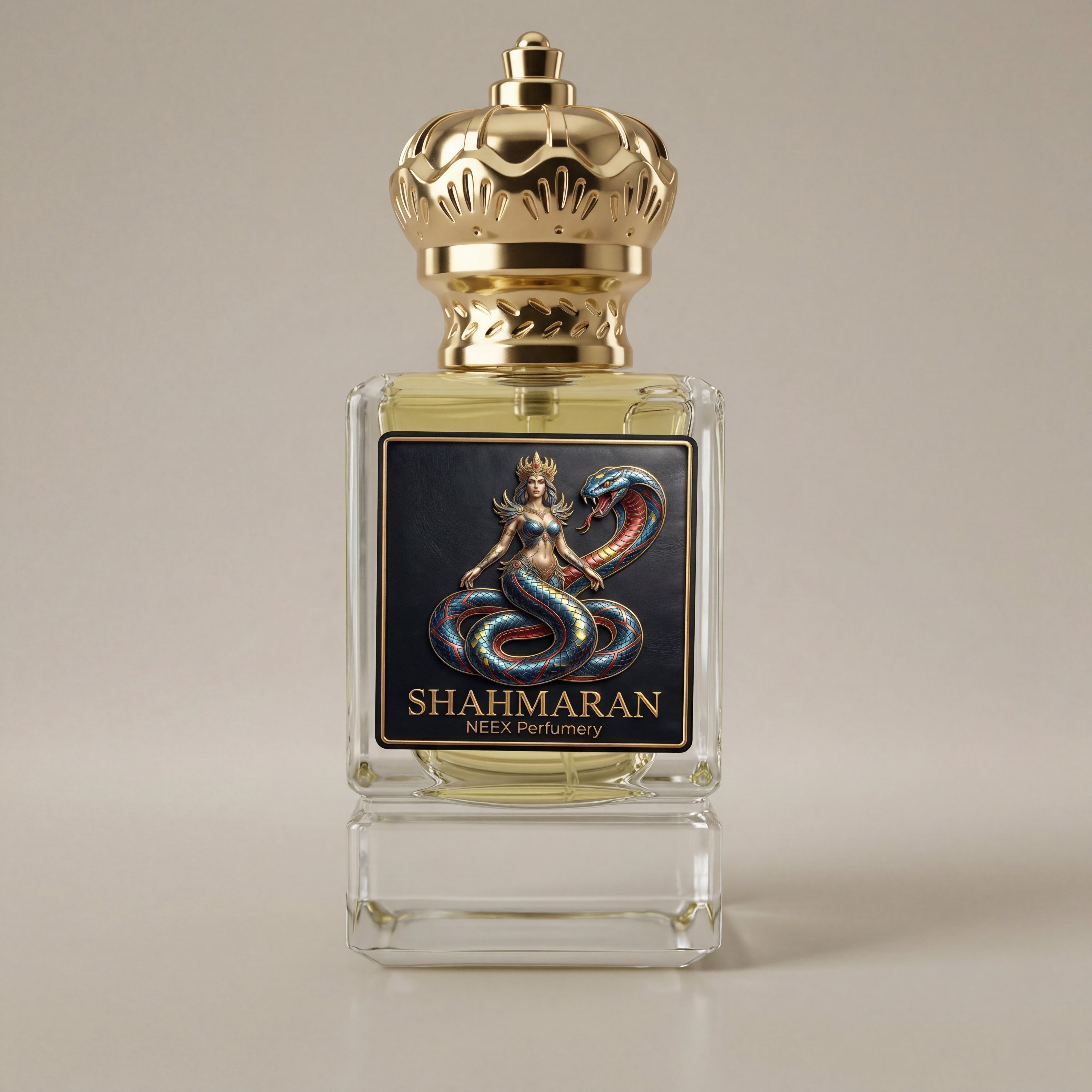 Shahmaran perfume bottle with gold cap on a beige background