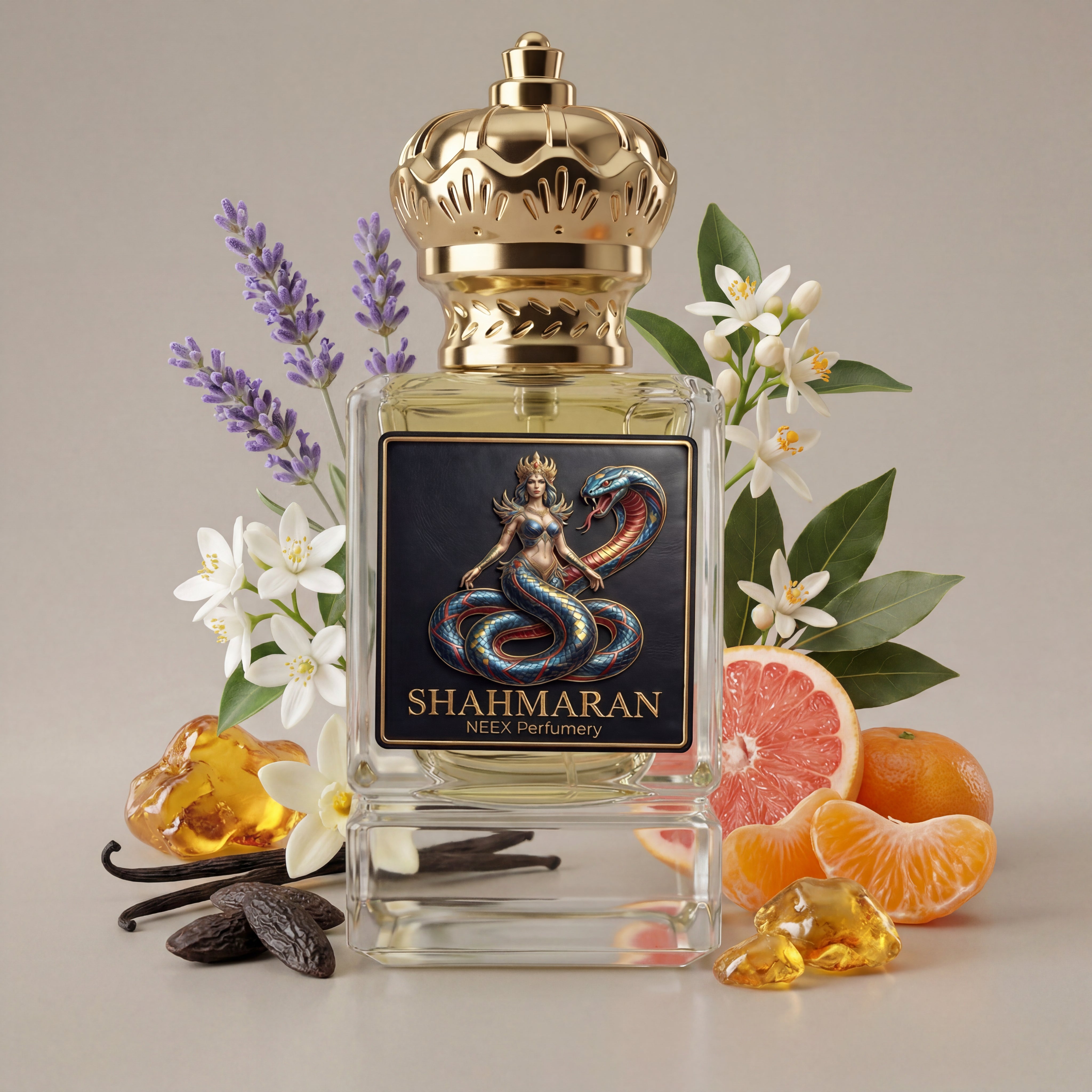 Shahmaran perfume bottle with floral and fruit elements on a neutral background
