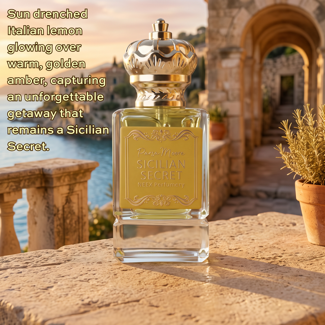 A rectangular glass perfume bottle labeled 'Parsa Moore Sicilian Secret' with a metallic gold cap, placed on a stone ledge outdoors with a scenic background of warm sunset light, water, and an archway. Text on the left reads, 'Sun drenched Italian lemon glowing over warm, golden amber, capturing an unforgettable getaway that remains a Sicilian Secret.