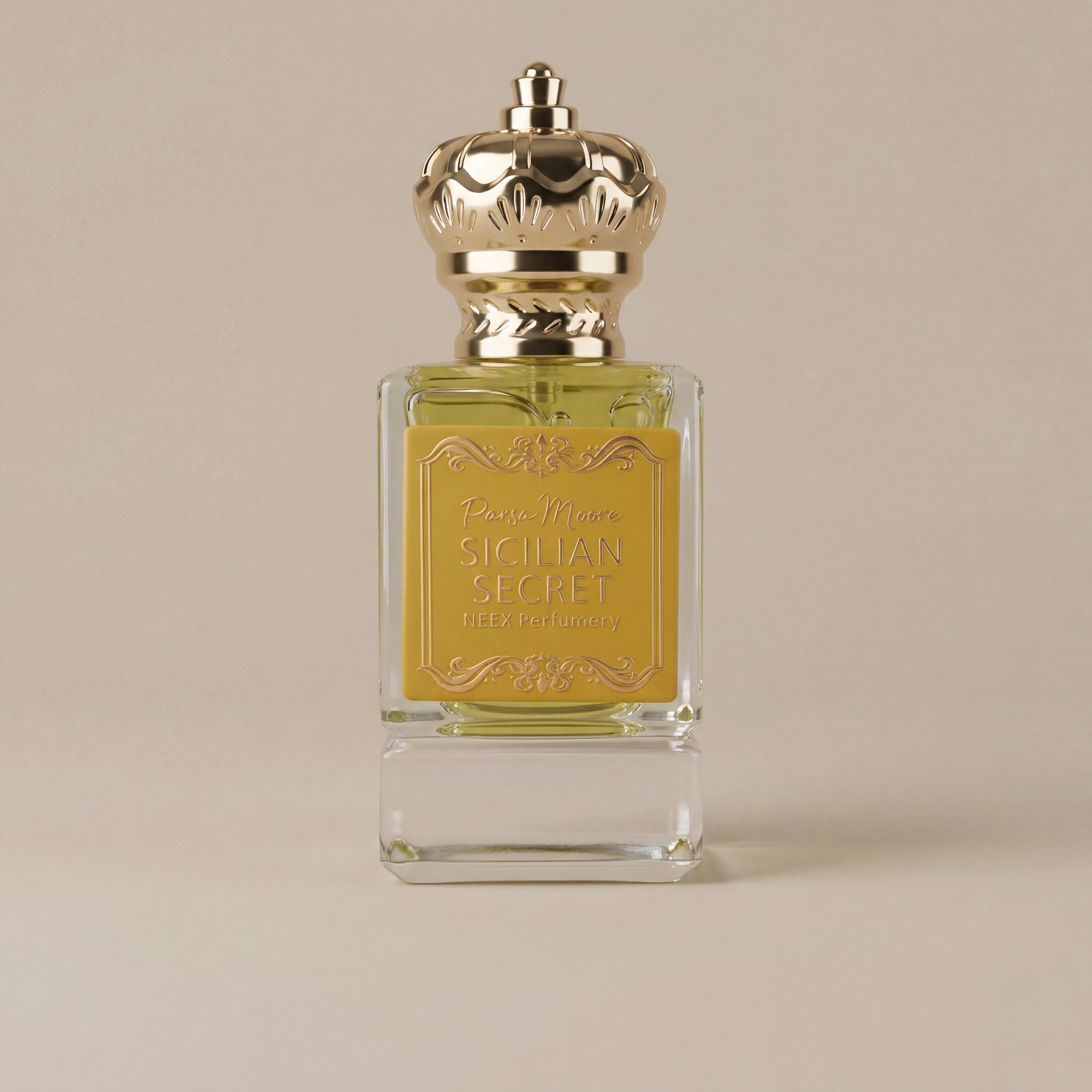 Perfume bottle labeled 'Sicilian Secret' with gold cap on beige background