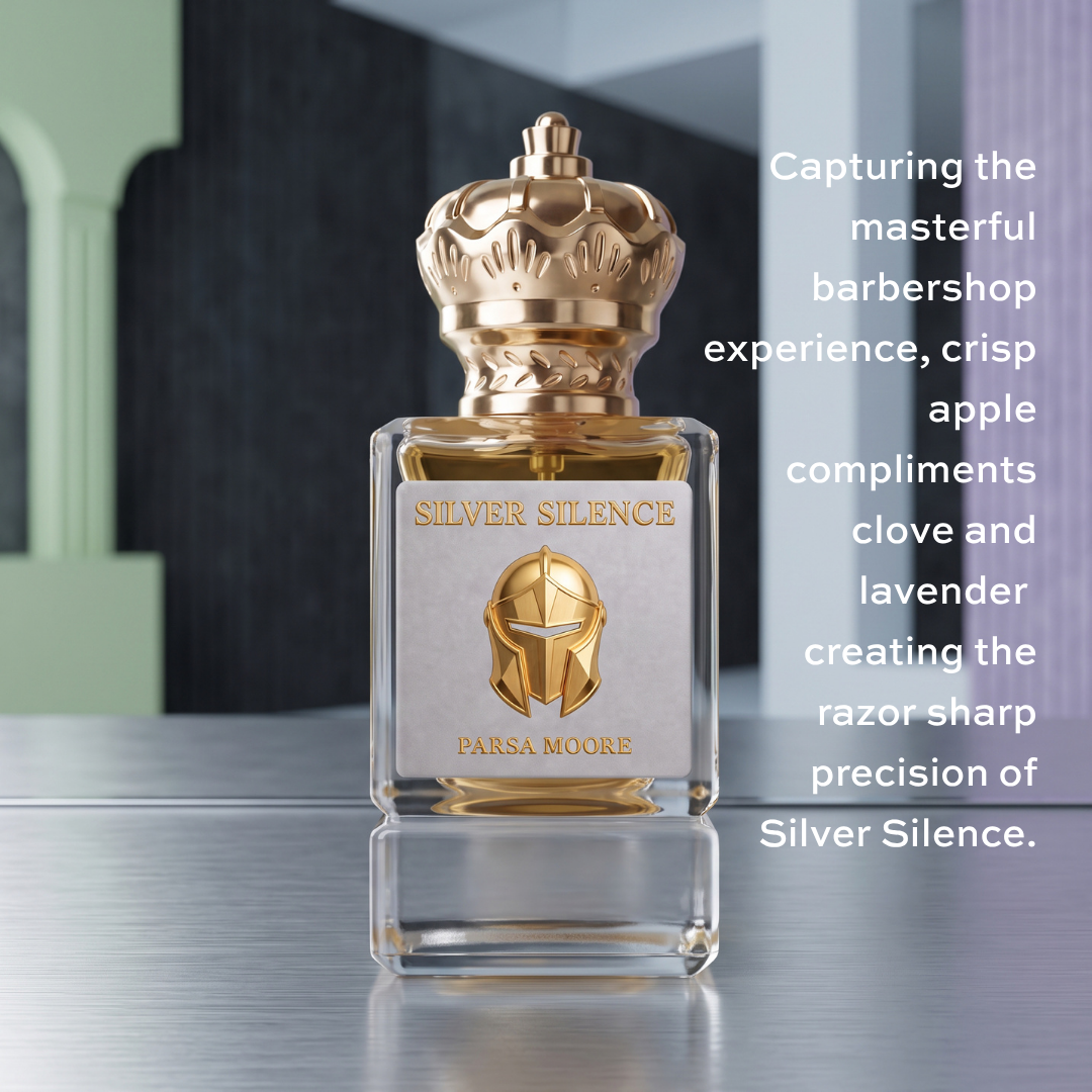 A bottle of Parsa Moore Silver Silence fragrance with a metallic gold crown cap and a silver label, displayed on a reflective surface with promotional text on the right.
