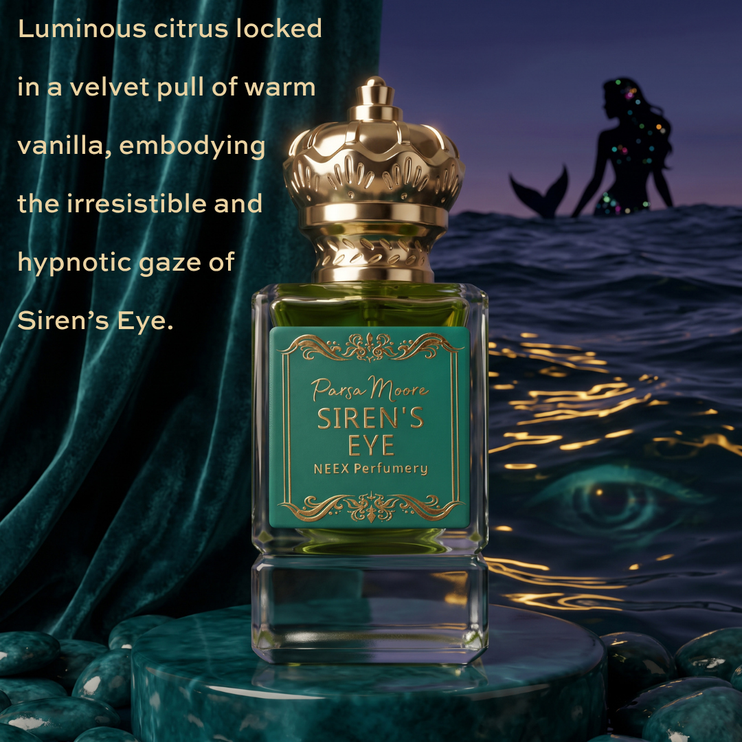 A perfume bottle labeled 'Parsa Moore Siren's Eye' by NEEX Perfumery, featuring a green label and ornate gold cap, set against a mermaid-themed background with dark teal water and a mermaid silhouette.