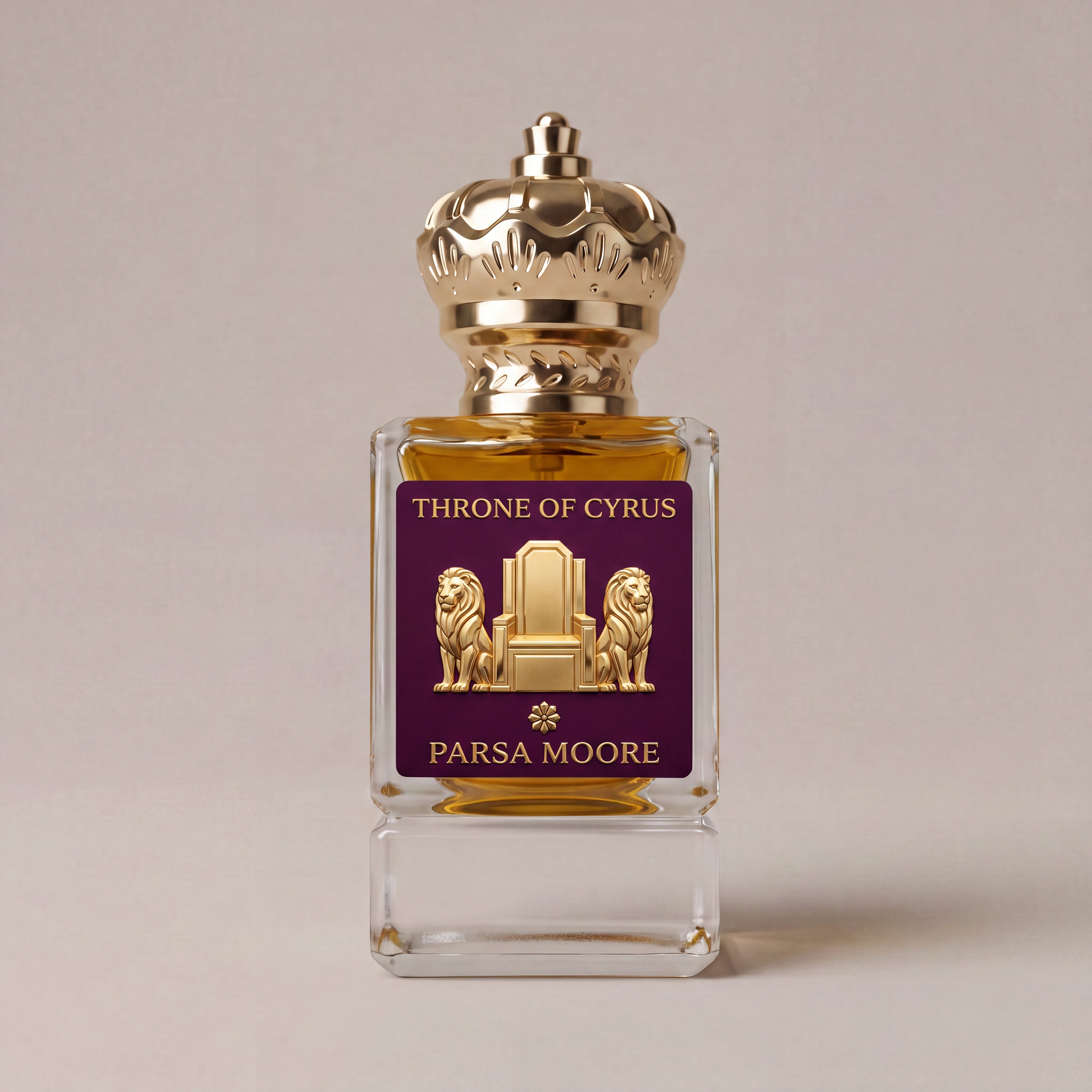 A square glass perfume bottle with a gold crown cap, filled with amber liquid. The bottle features a deep purple label with gold lettering that reads 'THRONE OF CYRUS' and 'PARSA MOORE', flanked by two gold lions.