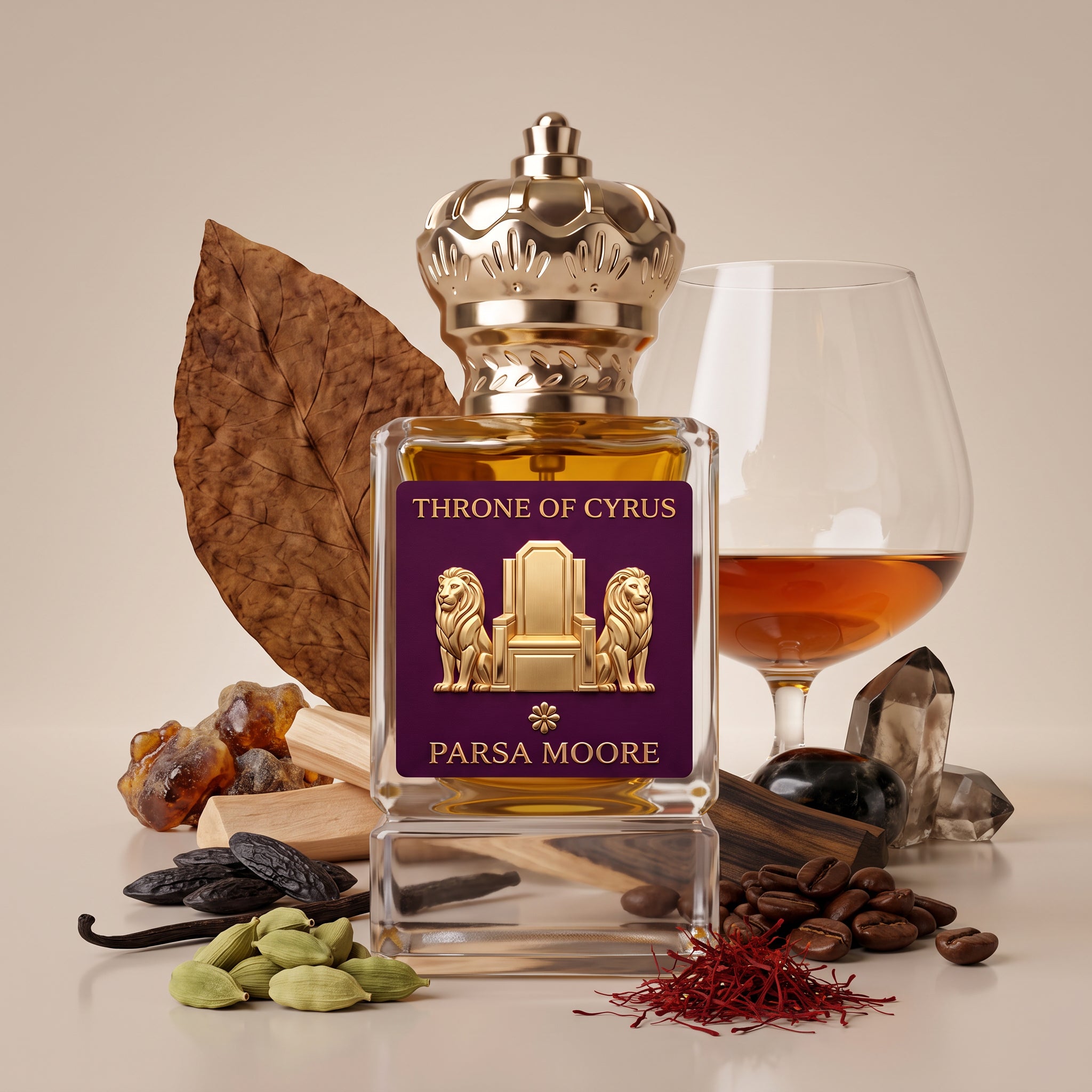 A clear glass bottle of Parsa Moore 'Throne of Cyrus' spirit with a purple label and gold crown cap, styled with a glass of amber liquid, a large dried leaf, spices, and crystals on a beige background.