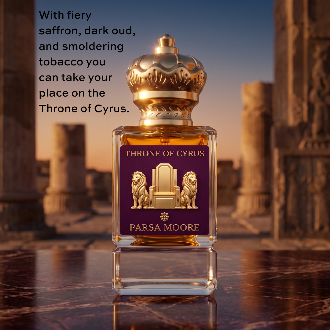 A perfume bottle labeled 'THRONE OF CYRUS' and 'PARSA MOORE' stands on a reflective stone surface with a blurred temple background. The bottle is clear glass with amber liquid, a gold crown cap, and a dark purple label with gold lion and throne graphics.