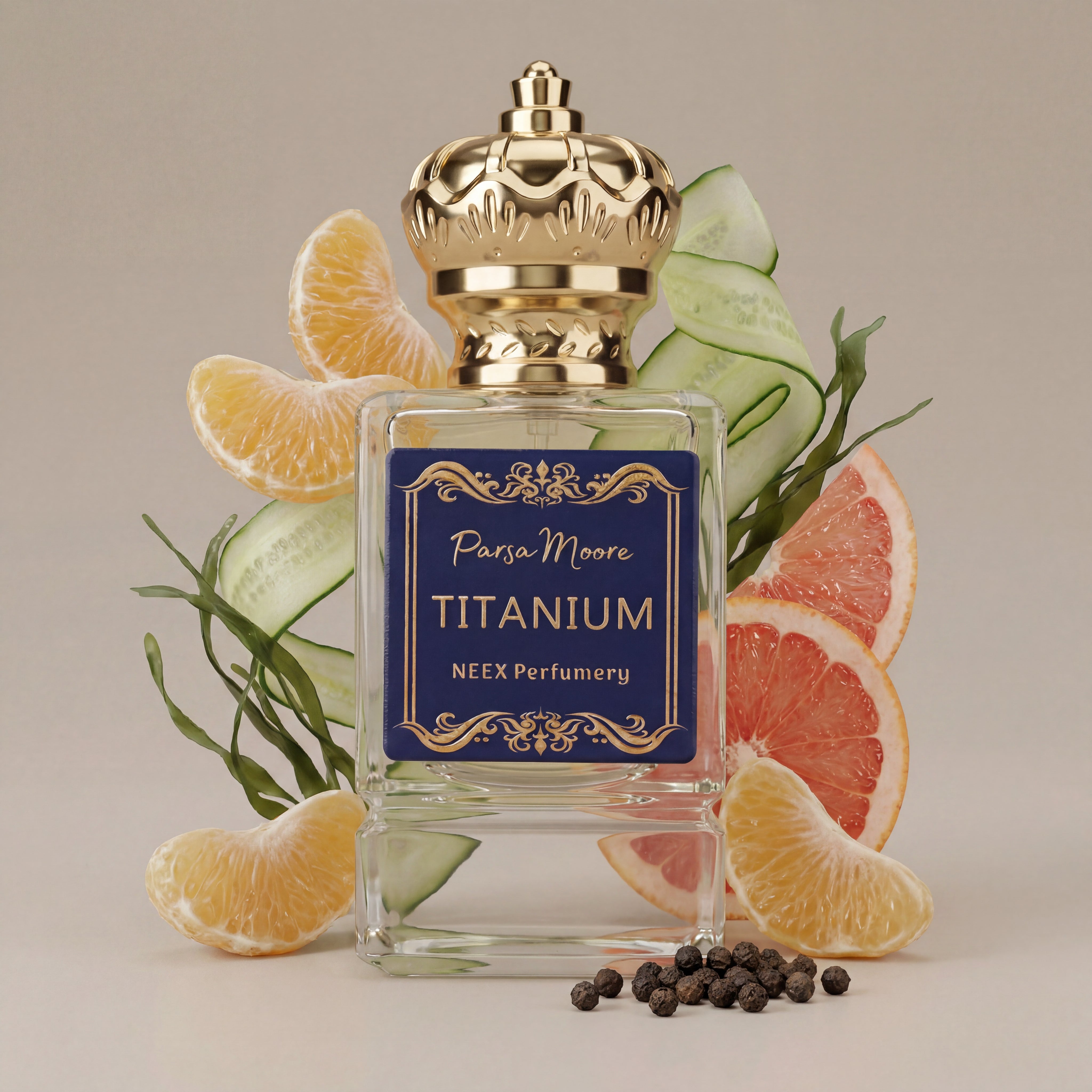 Perfume bottle labeled 'Titanium' by Parsa Moore with citrus fruits and black pepper on a neutral background