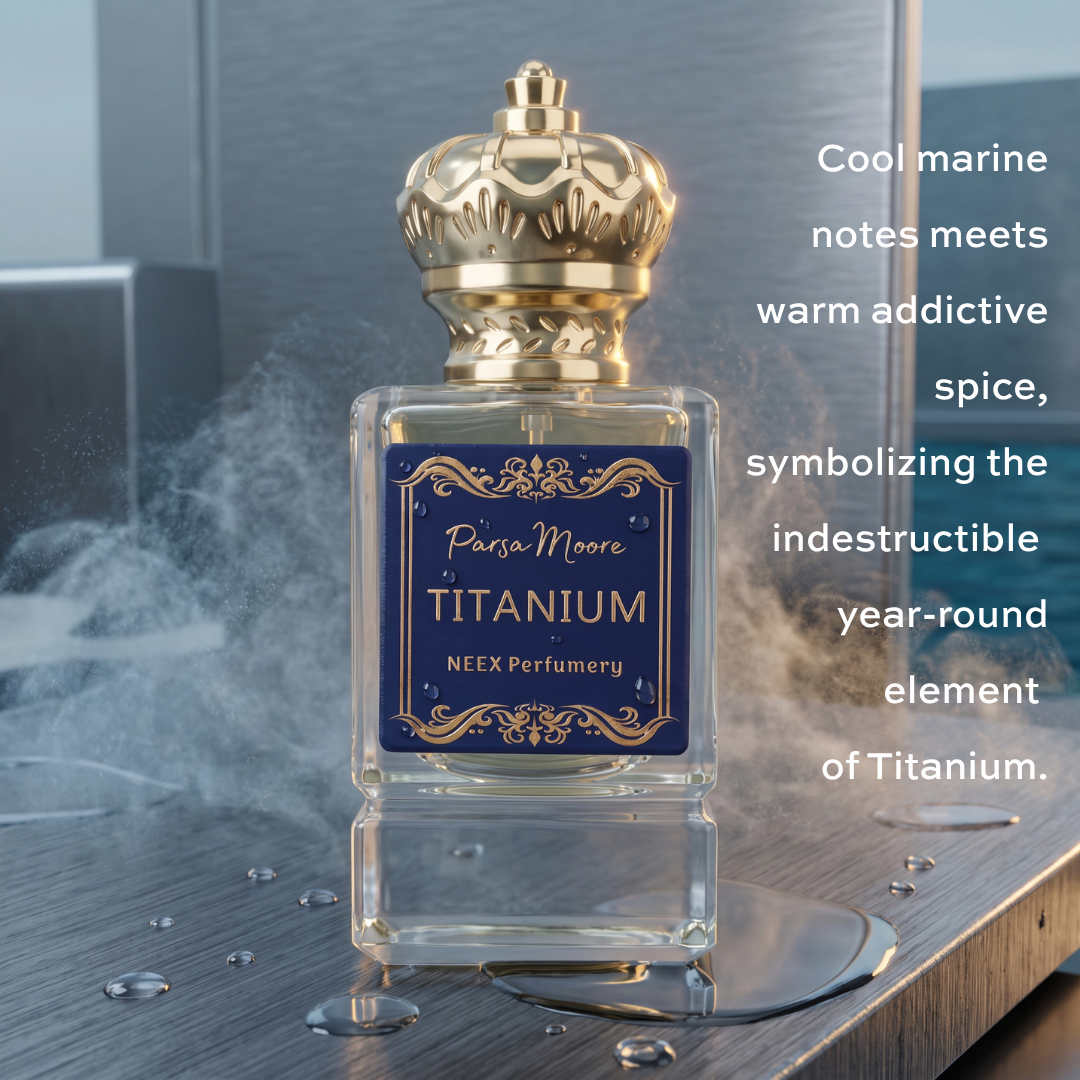 A bottle of Parsa Moore's Titanium perfume by NEEX Perfumery, featuring a clear glass body, a blue label with gold detailing, and a metallic gold crown cap. The bottle is set on a dark wooden surface with water droplets and steam, against a cool-toned background with descriptive text on the right.