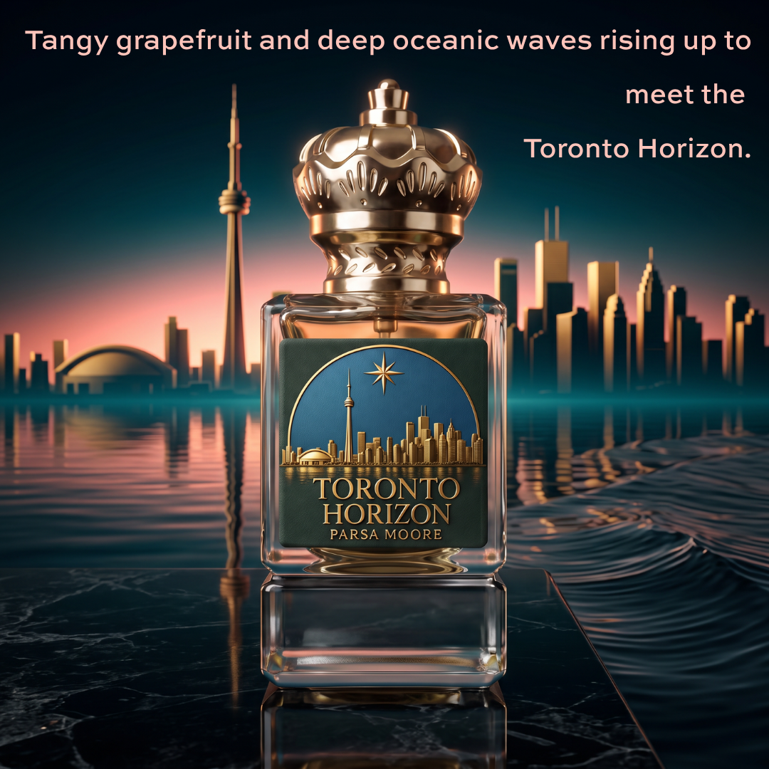A perfume bottle labeled Toronto Horizon by Parsa Moore, featuring a gold crown cap and a dark green label with a gold city skyline, set against a reflective water and cityscape background at dusk.