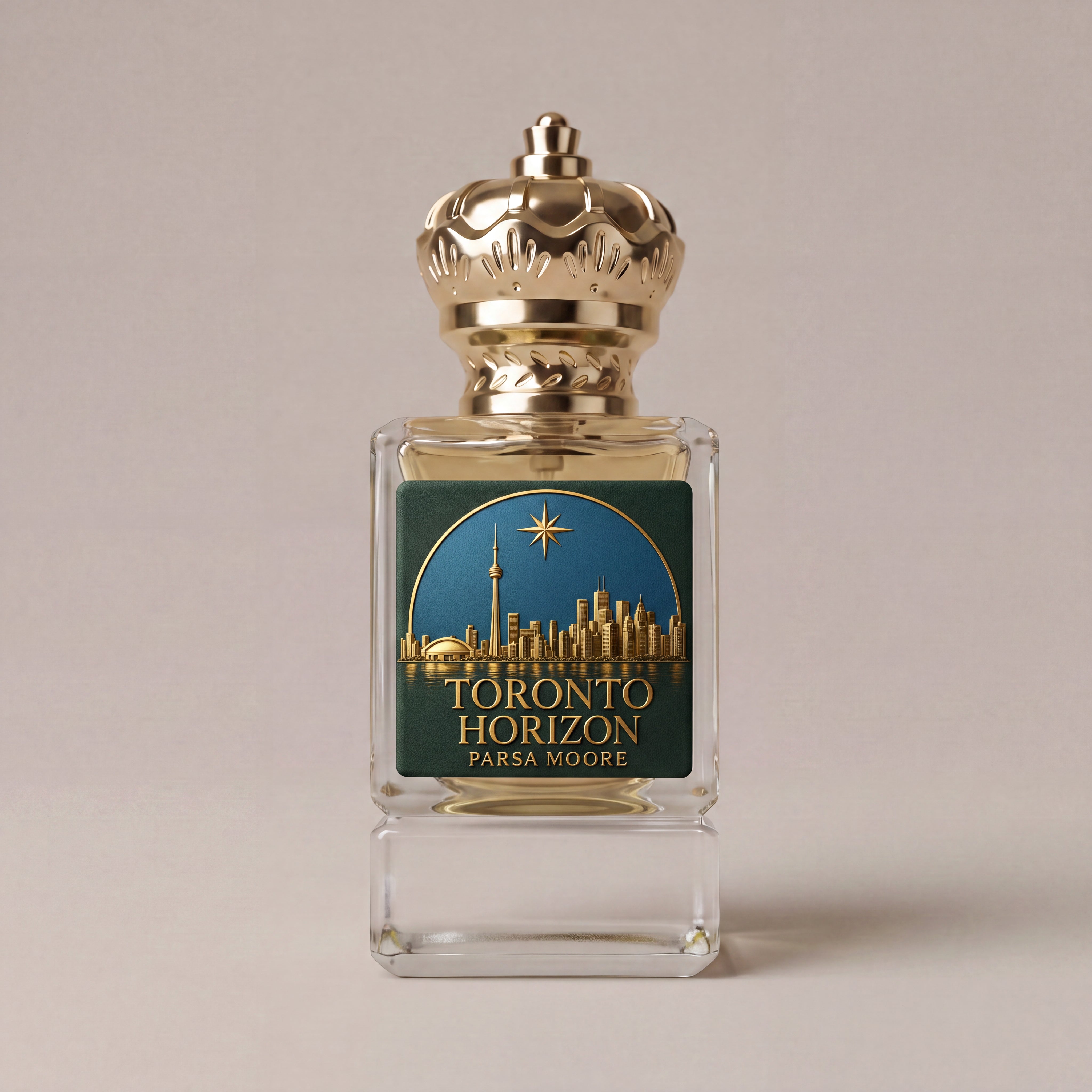 A square glass perfume bottle with a metallic gold crown cap, featuring a dark green and gold Toronto Horizon cityscape label by Parsa Moore, set against a solid beige background.