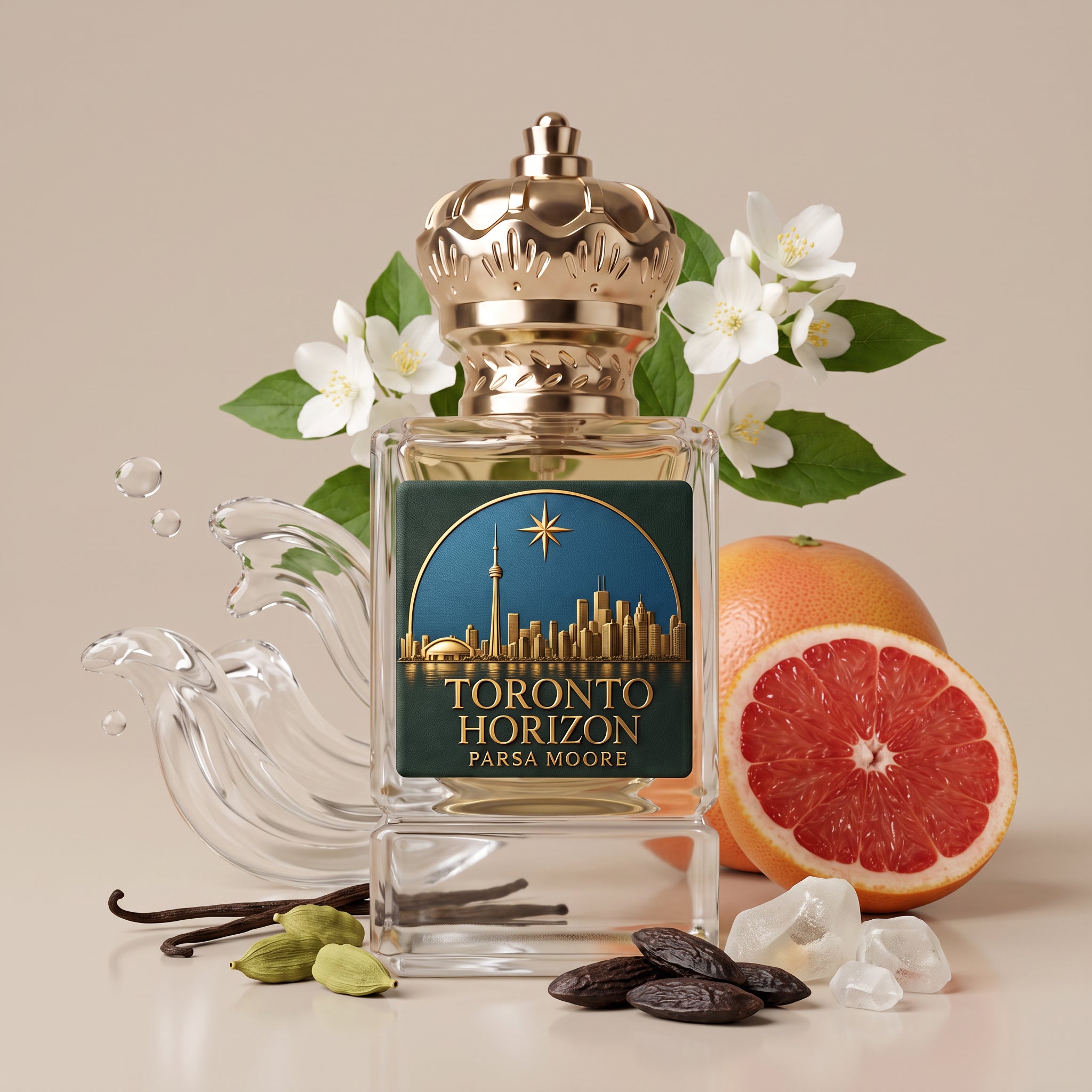 A perfume bottle labeled Toronto Horizon by Parsa Moore, styled with white flowers, a grapefruit, vanilla beans, green cardamom pods, and clear crystals on a beige background.