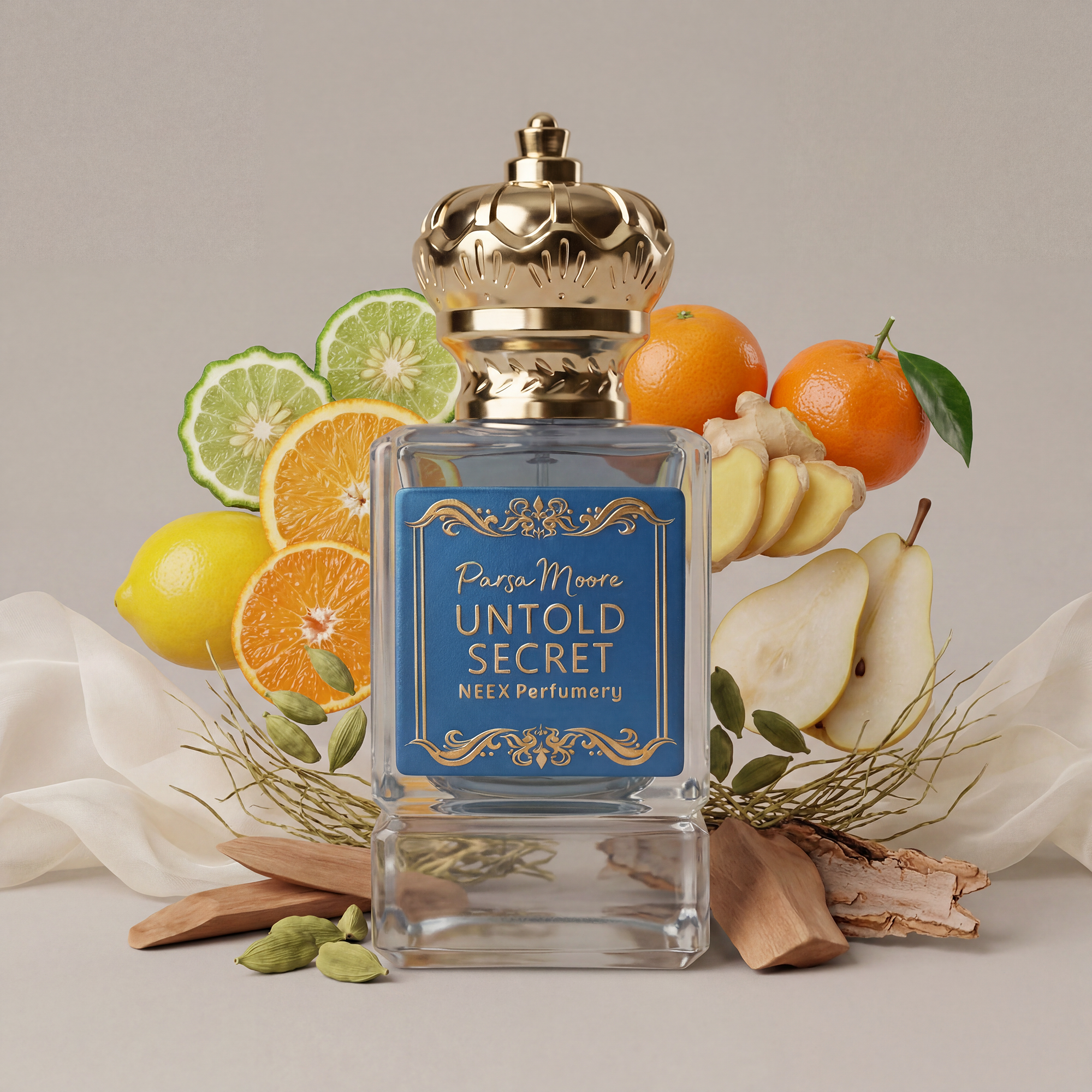 A perfume bottle labeled 'Parsa Moore Untold Secret' by NEEX Perfumery, styled with citrus fruits, pears, cardamom pods, and draped white fabric on a neutral background.