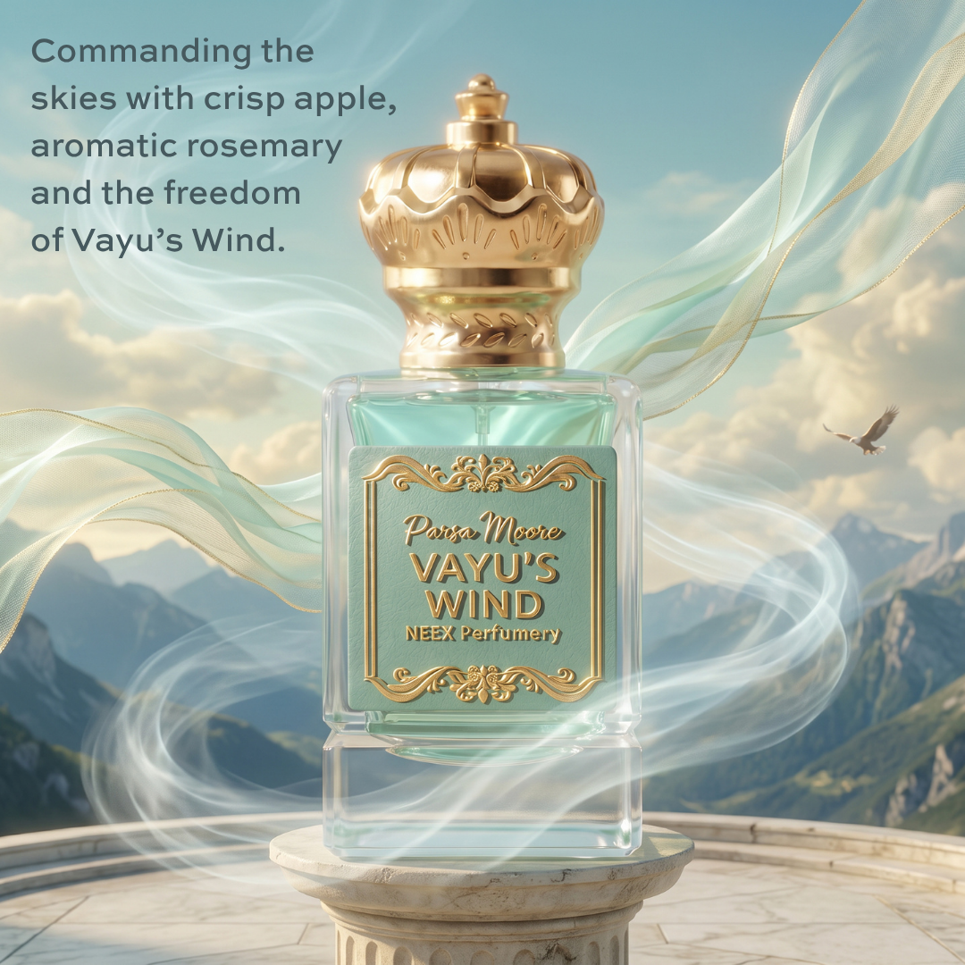 A perfume bottle labeled 'Parsa Moore VAYU'S WIND' by NEEX Perfumery, centered on a stone pedestal with a scenic mountain backdrop and flowing mist. The bottle has a gold cap and a pale aqua label with gold detailing.