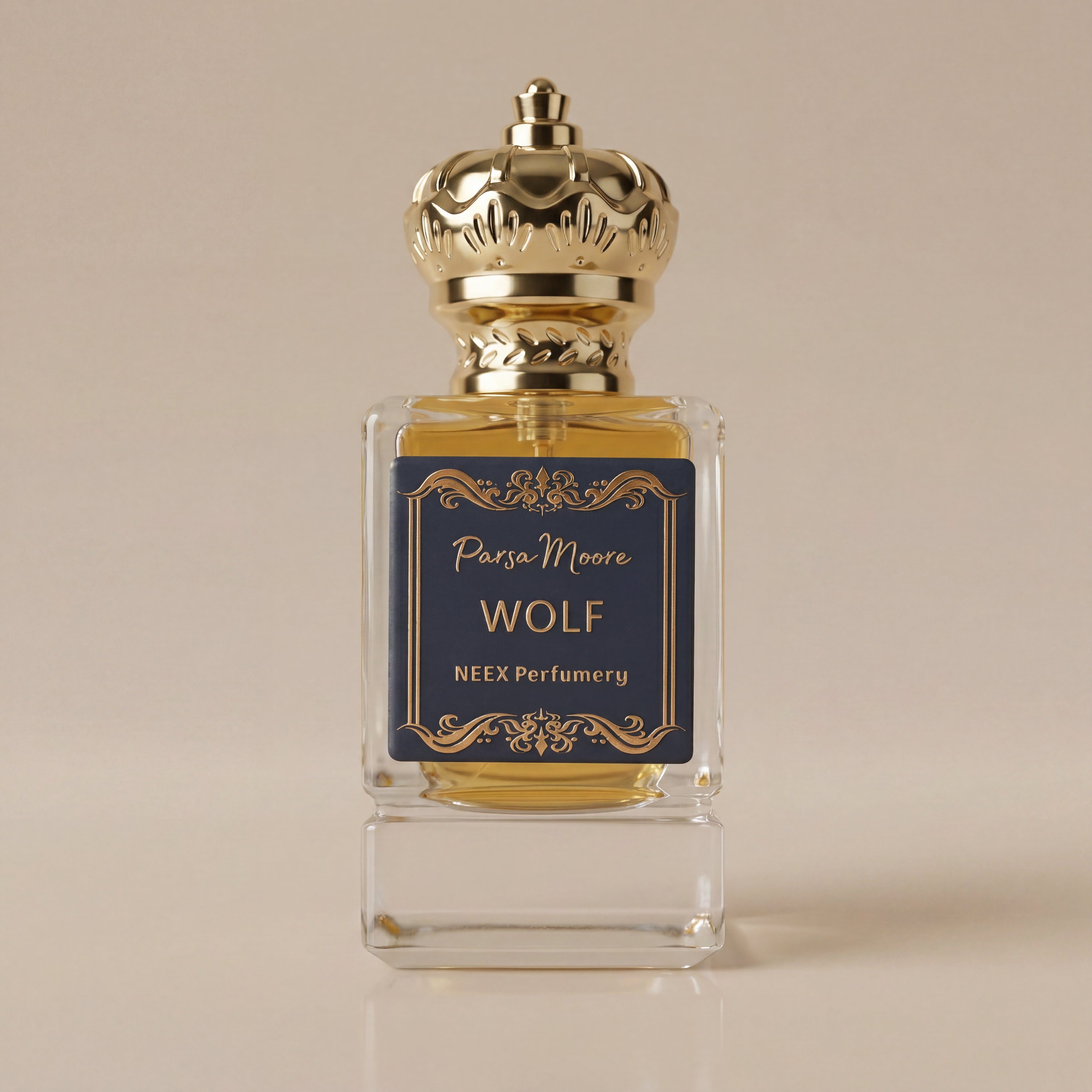 Perfume bottle labeled 'Wolf' by NEEX Perfumery on a beige background