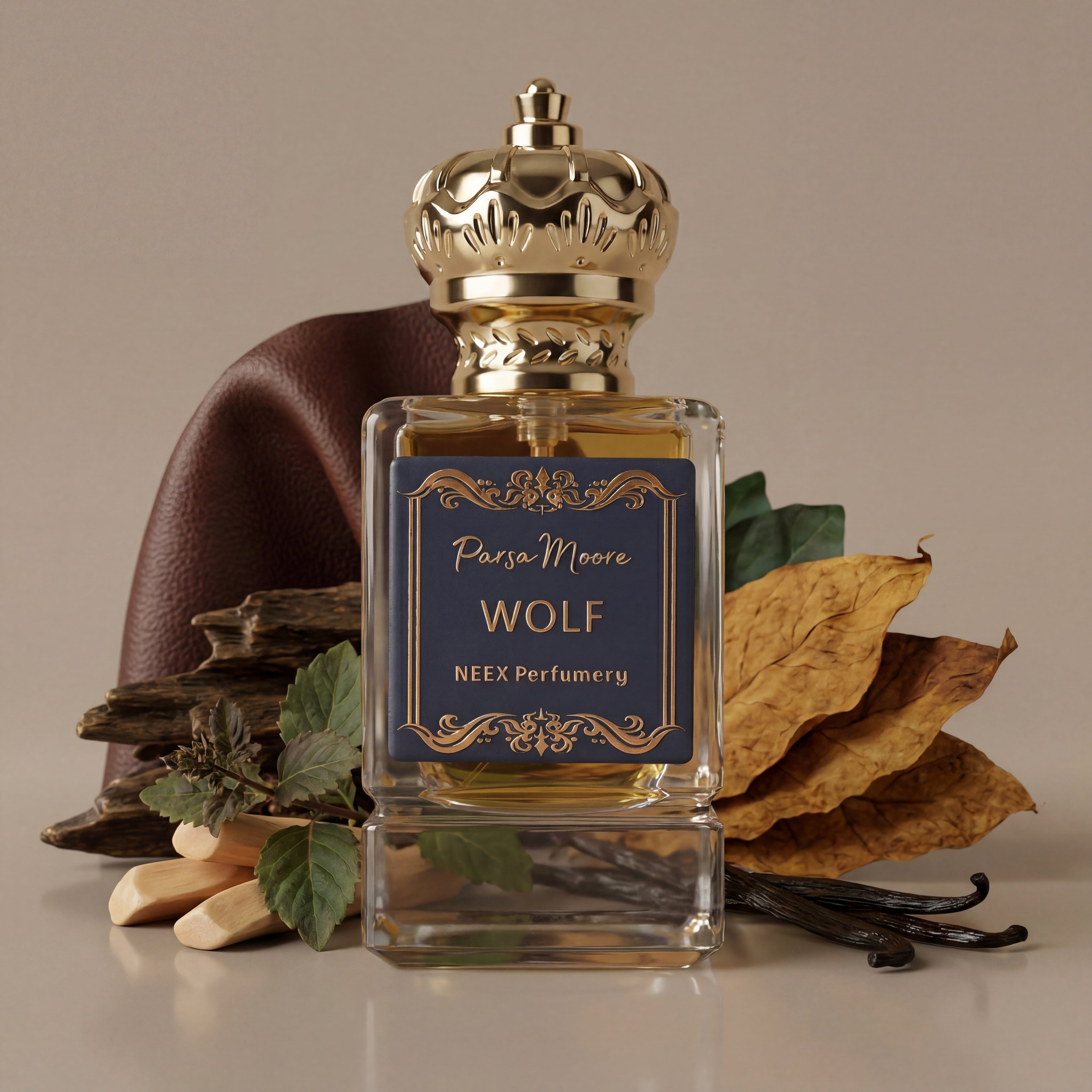 Perfume bottle labeled 'Wolf' by NEEX Perfumery with decorative elements on a neutral background