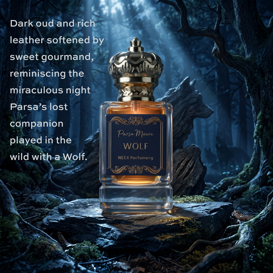 A perfume bottle labeled 'Parsa Moore WOLF' by NEEX Perfumery, set against a dark, moody forest background with a wolf silhouette. The bottle contains amber-colored liquid and has a gold cap, with white text on the left describing the scent.