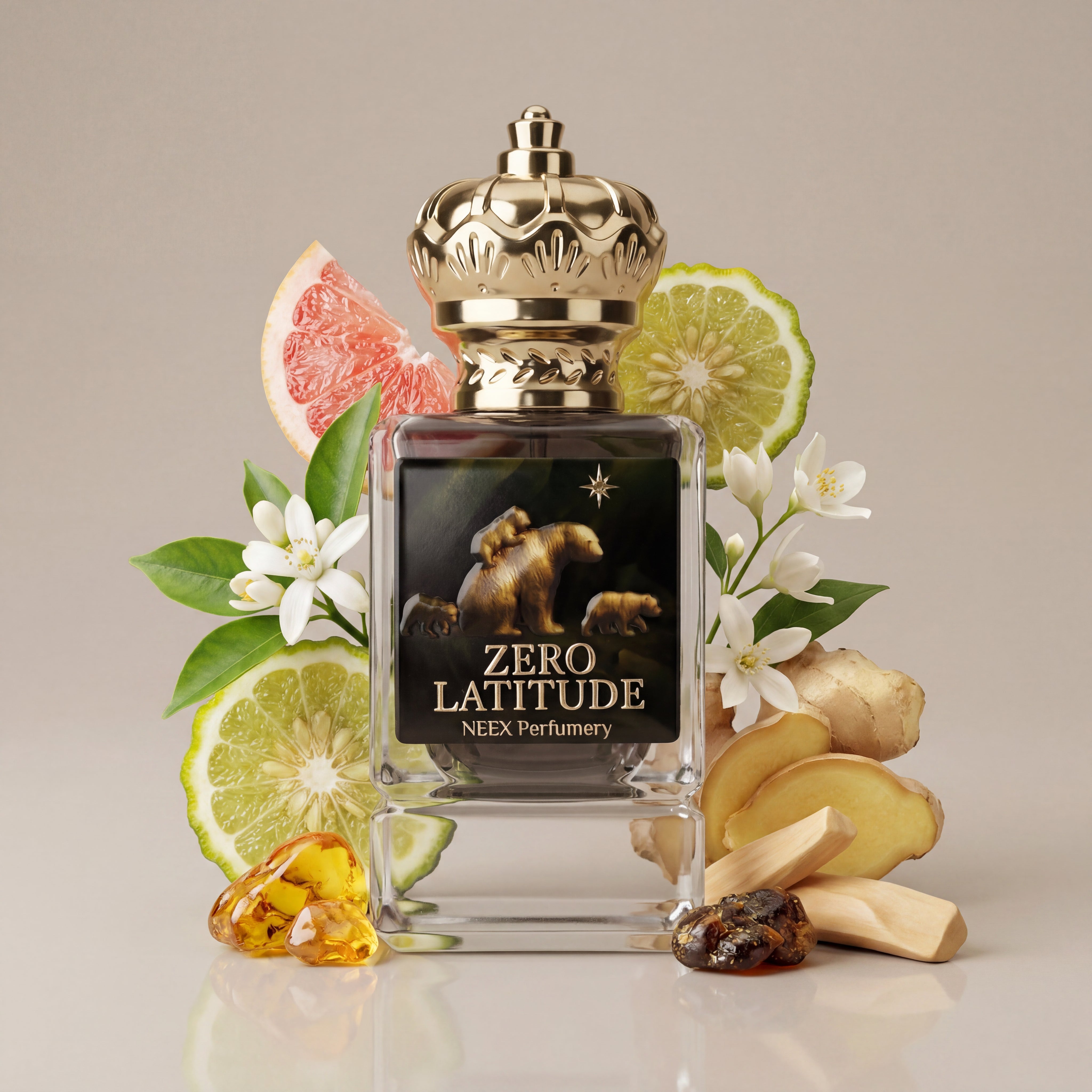 Perfume bottle labeled 'Zero Latitude' by NEEX Perfumery with citrus fruits and flowers on a neutral background