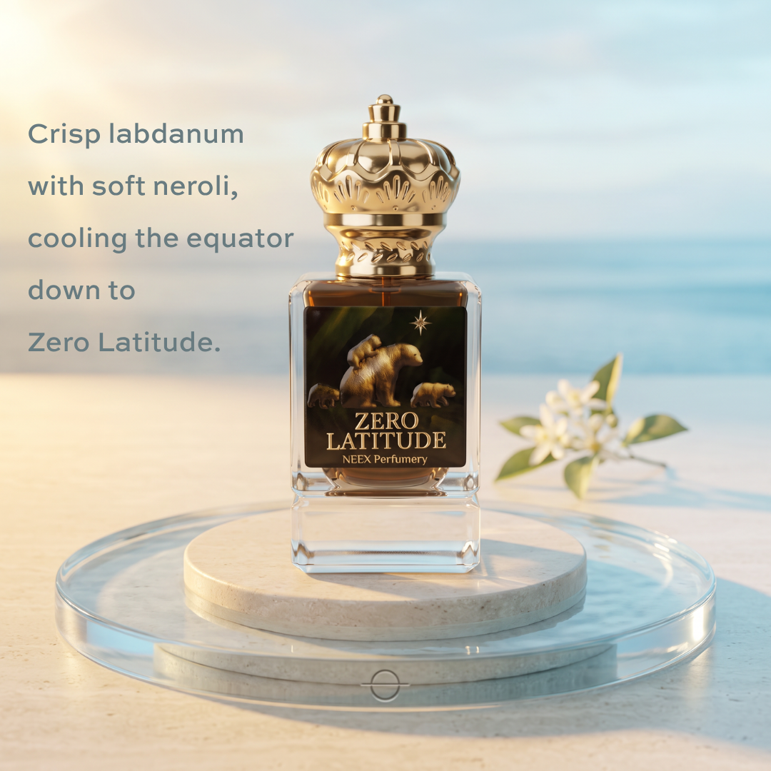 Perfume bottle labeled 'Zero Latitude' by NEEX Perfumery with a gold cap on a light blue skyline with text.